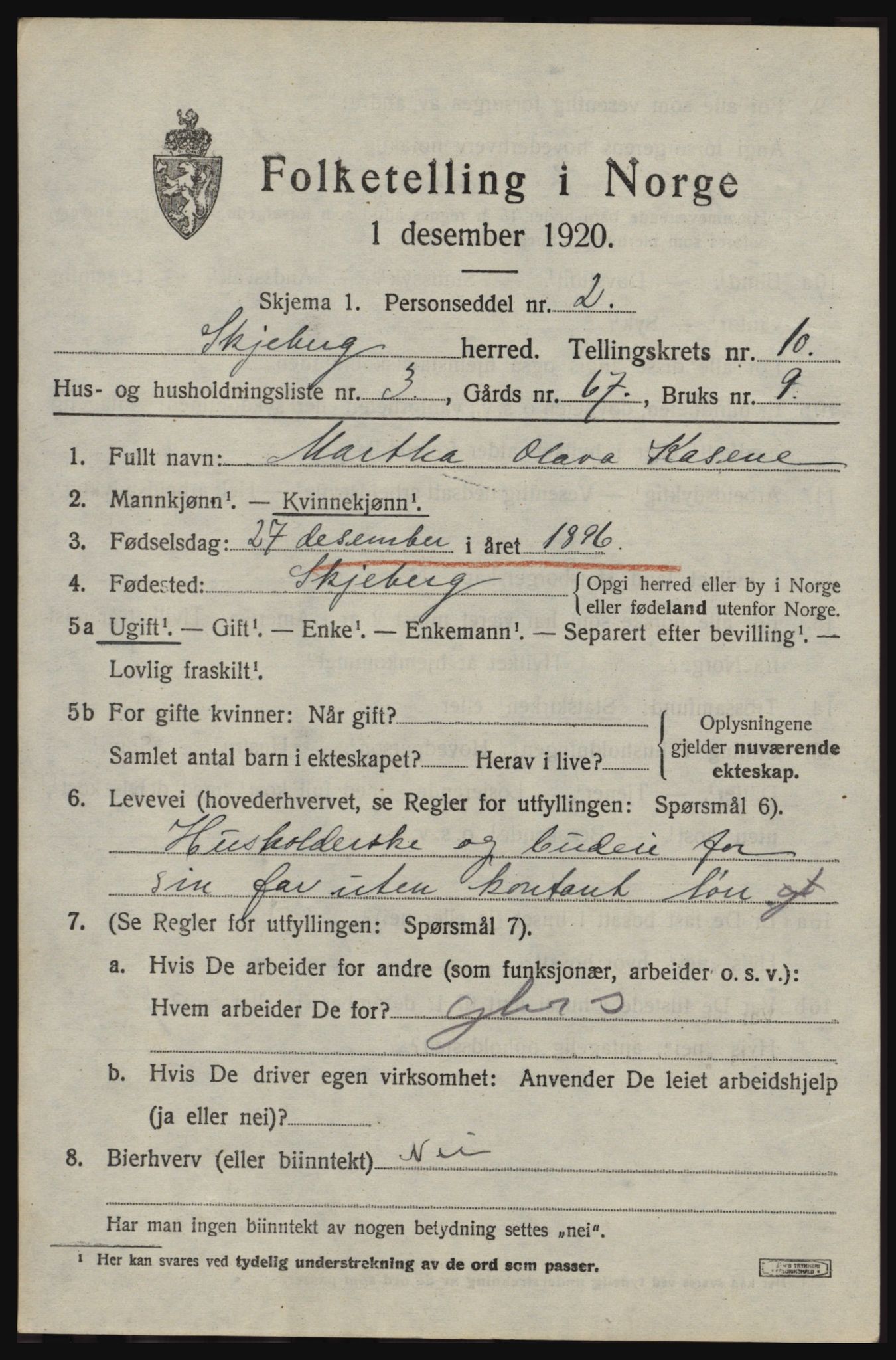 SAO, 1920 census for Skjeberg, 1920, p. 9095