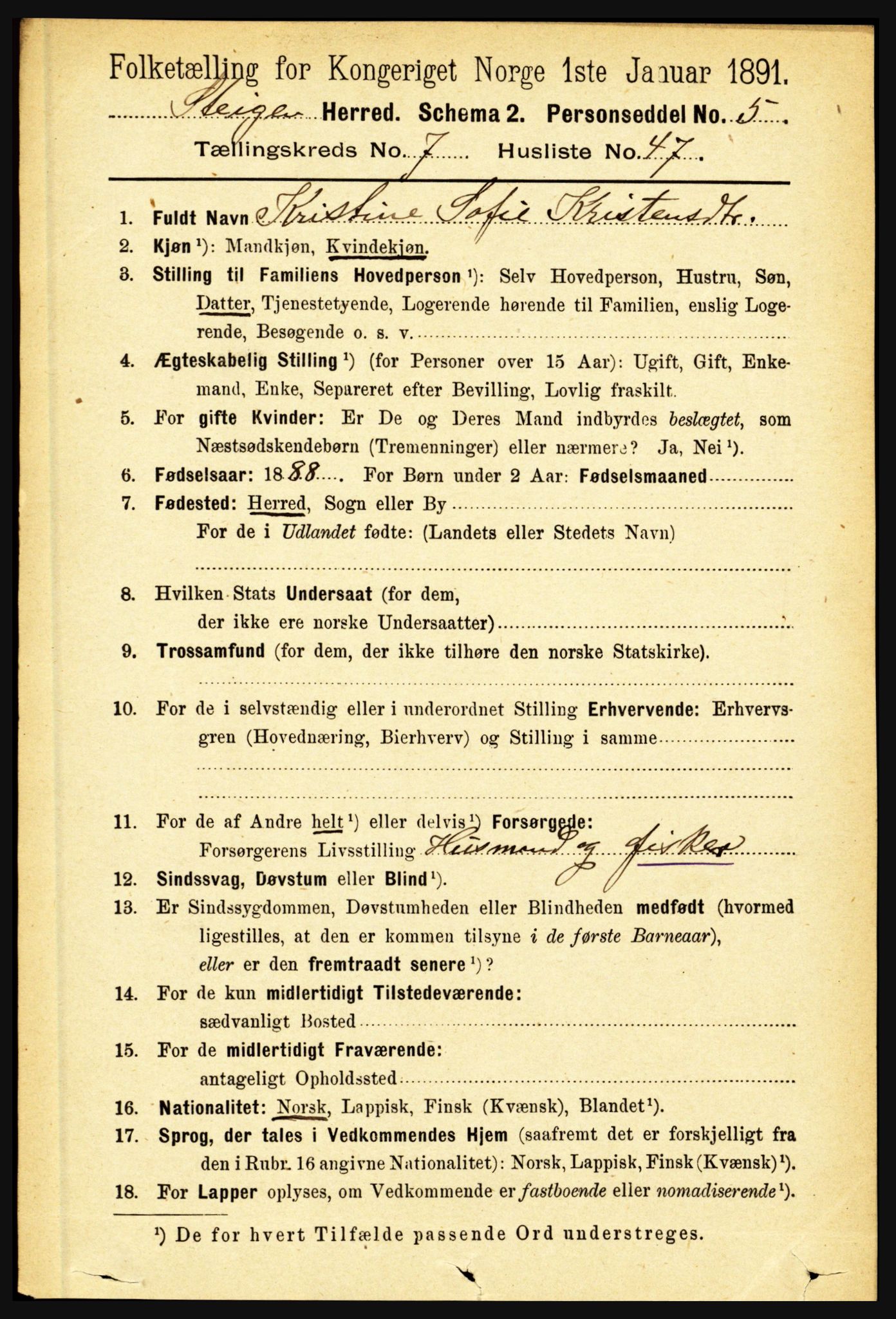 RA, 1891 census for 1848 Steigen, 1891, p. 2531