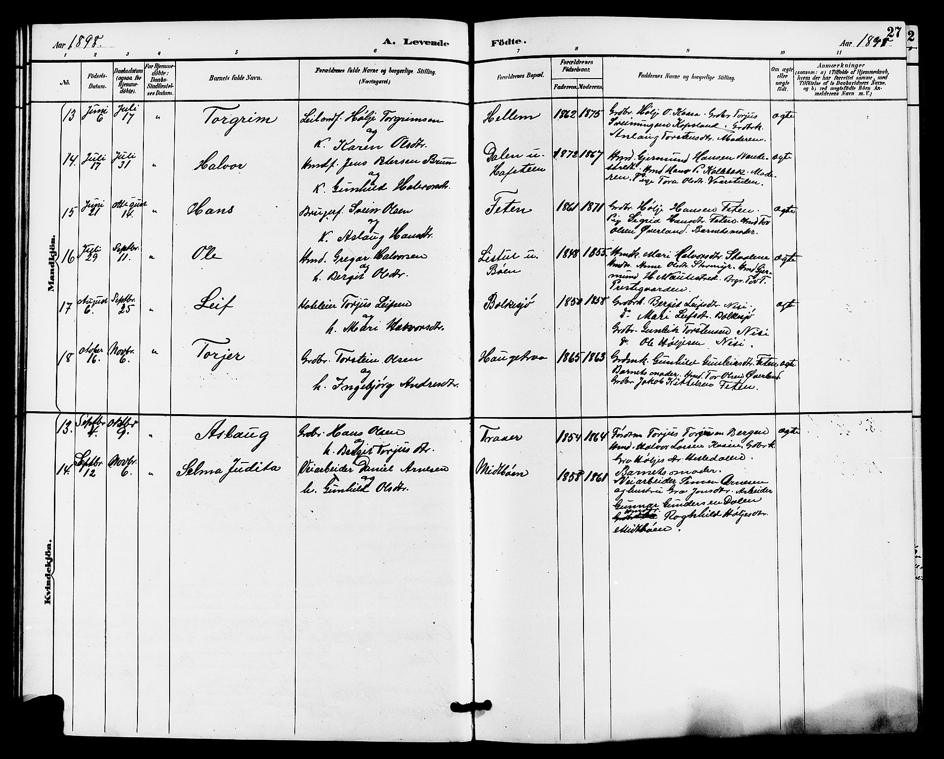 Gransherad kirkebøker, AV/SAKO-A-267/G/Ga/L0003: Parish register (copy) no. I 3, 1887-1915, p. 27