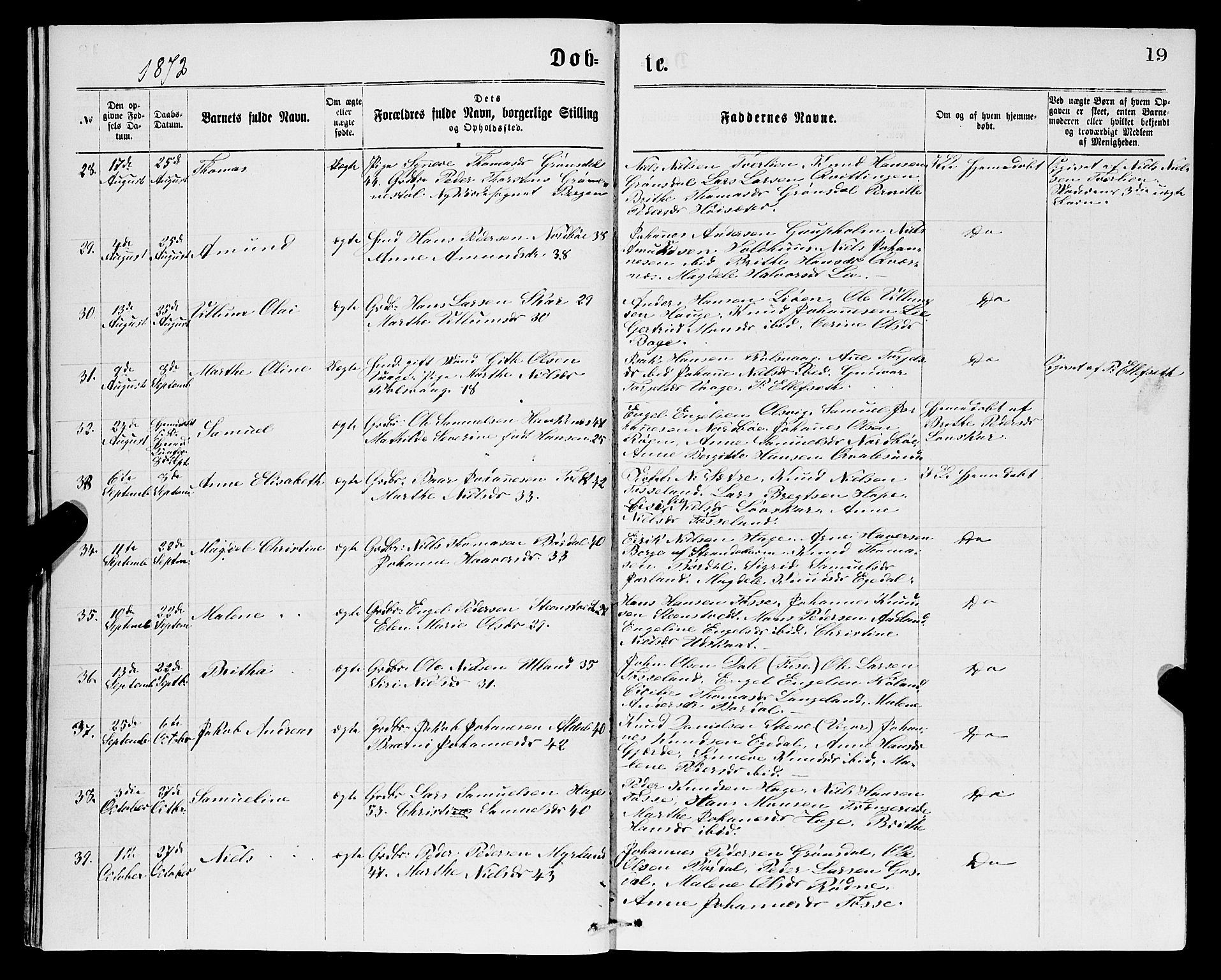 Samnanger Sokneprestembete, SAB/A-77501/H/Hab: Parish register (copy) no. A 1, 1869-1878, p. 19