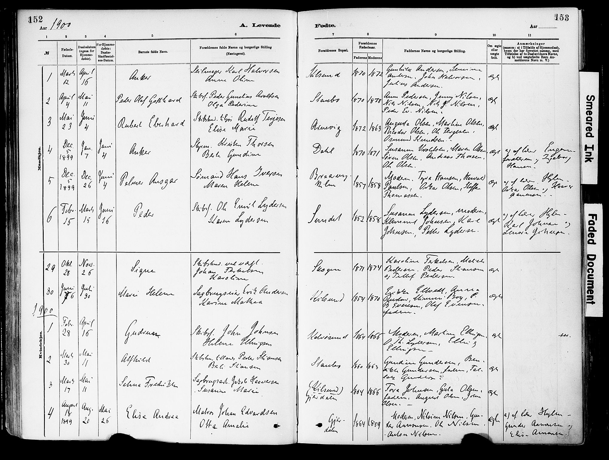 Dypvåg sokneprestkontor, SAK/1111-0007/F/Fa/Fab/L0001: Parish register (official) no. A 1, 1885-1912, p. 152-153