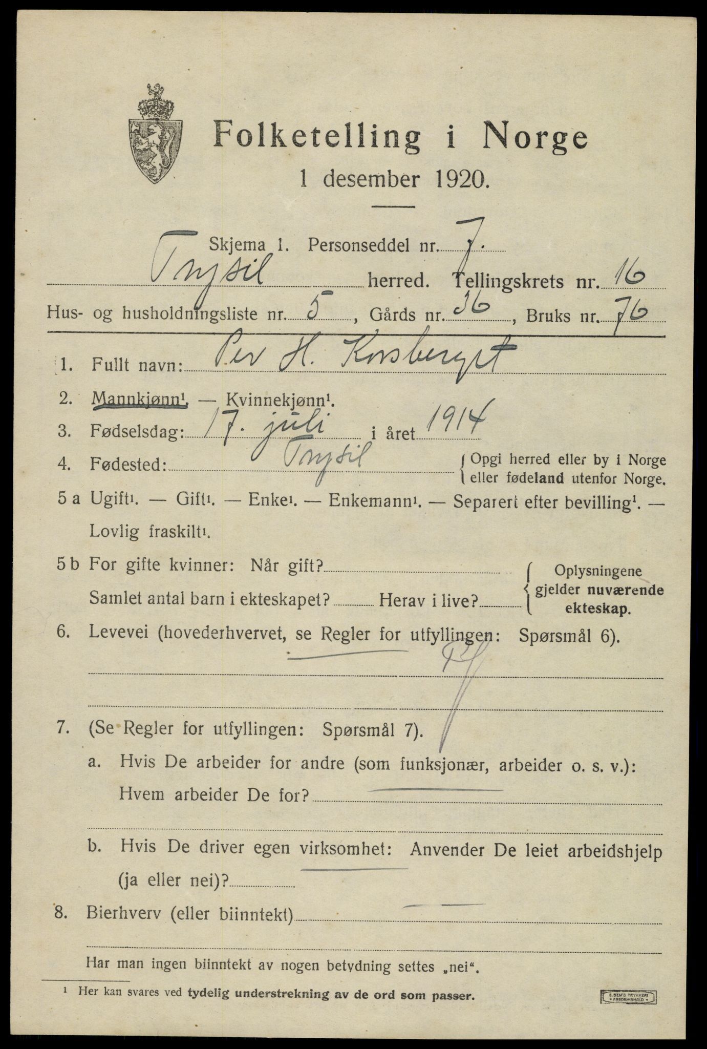 SAH, 1920 census for Trysil, 1920, p. 9501