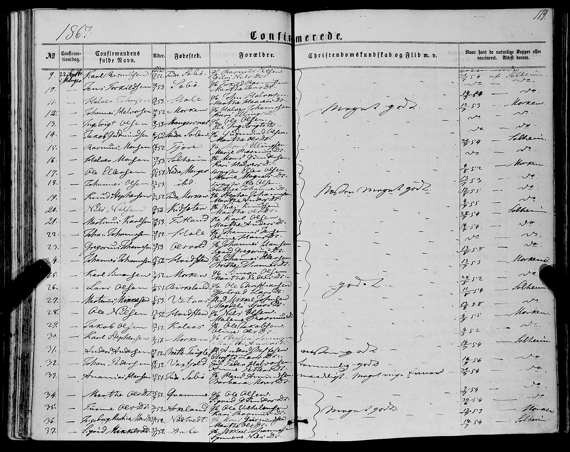 Manger sokneprestembete, AV/SAB-A-76801/H/Haa: Parish register (official) no. A 7, 1860-1870, p. 179