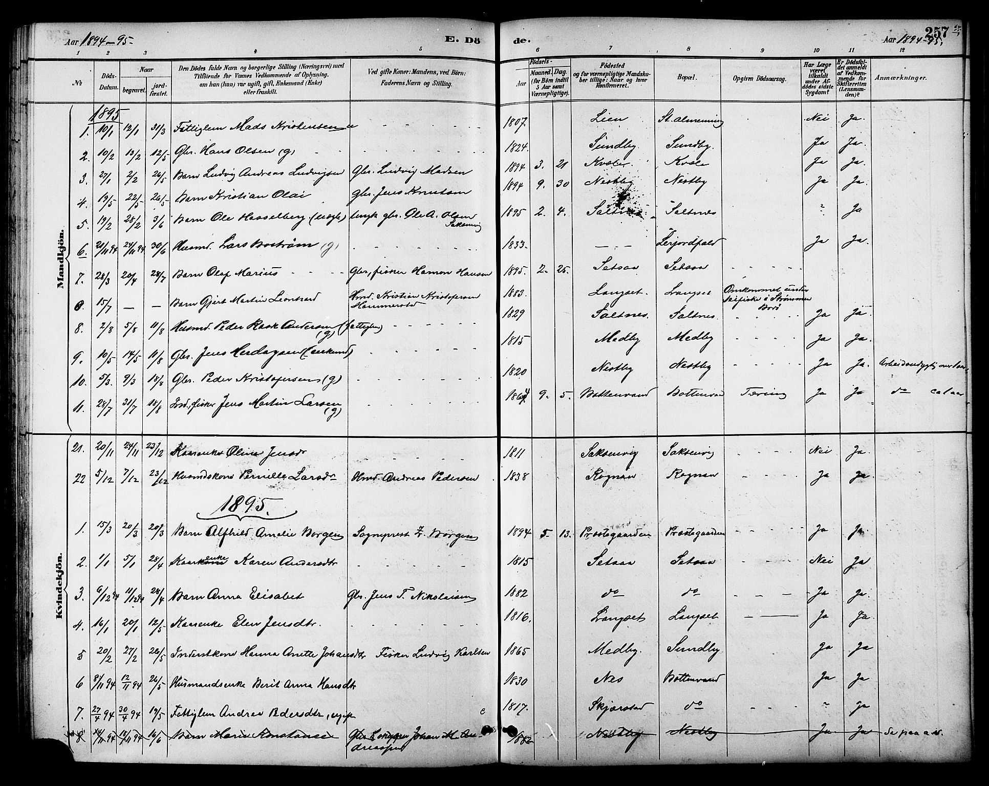 Ministerialprotokoller, klokkerbøker og fødselsregistre - Nordland, SAT/A-1459/847/L0669: Parish register (official) no. 847A09, 1887-1901, p. 257
