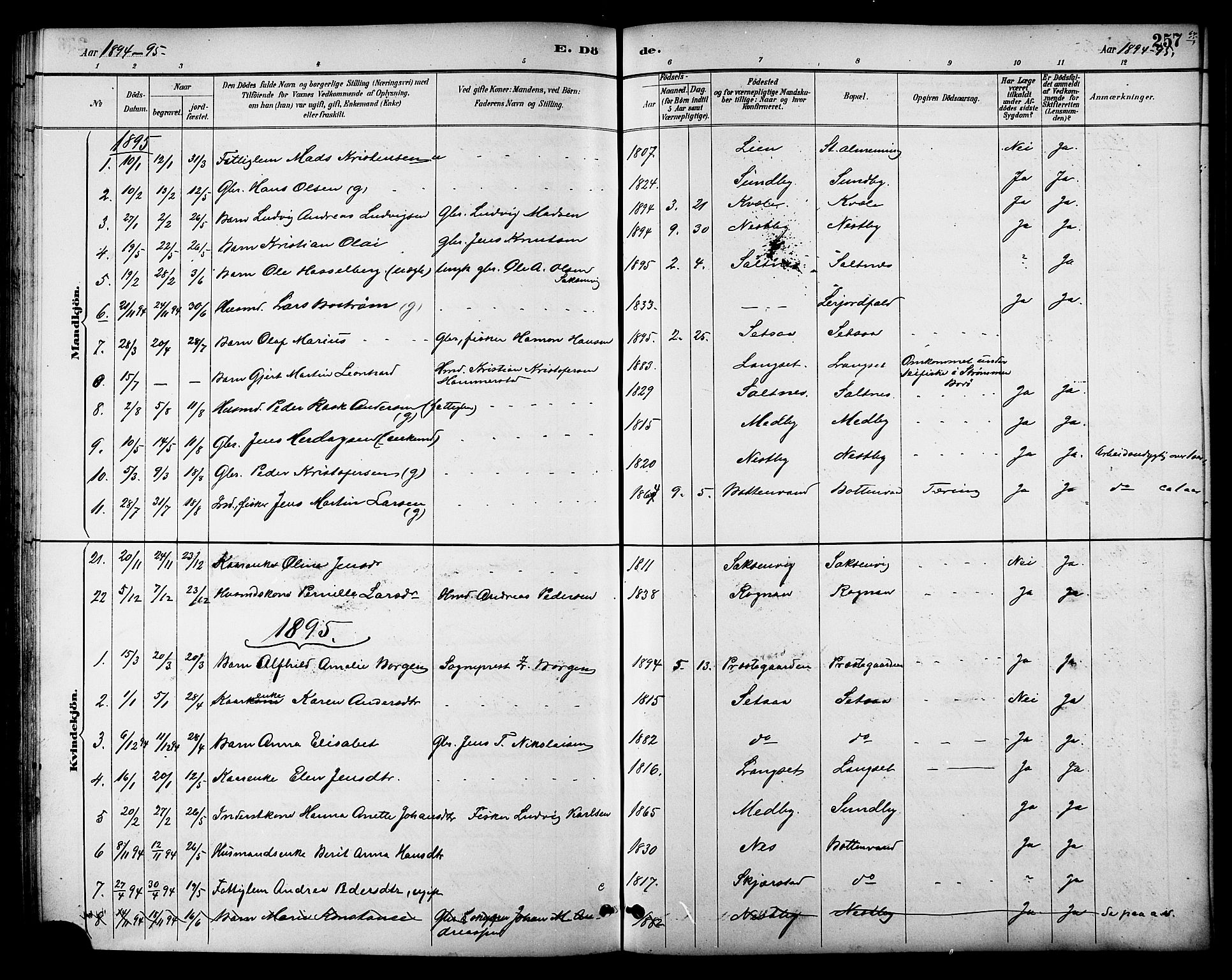 Ministerialprotokoller, klokkerbøker og fødselsregistre - Nordland, AV/SAT-A-1459/847/L0669: Parish register (official) no. 847A09, 1887-1901, p. 257