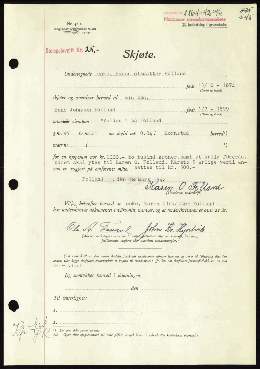 Nordmøre sorenskriveri, AV/SAT-A-4132/1/2/2Ca: Mortgage book no. A92, 1942-1942, Diary no: : 1164/1942