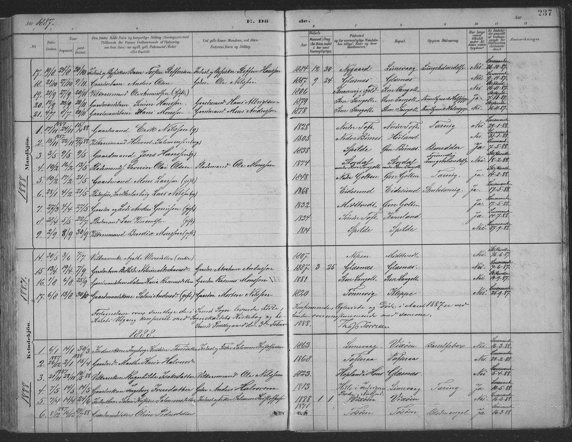 Sund sokneprestembete, SAB/A-99930: Parish register (copy) no. B 3, 1882-1911, p. 237