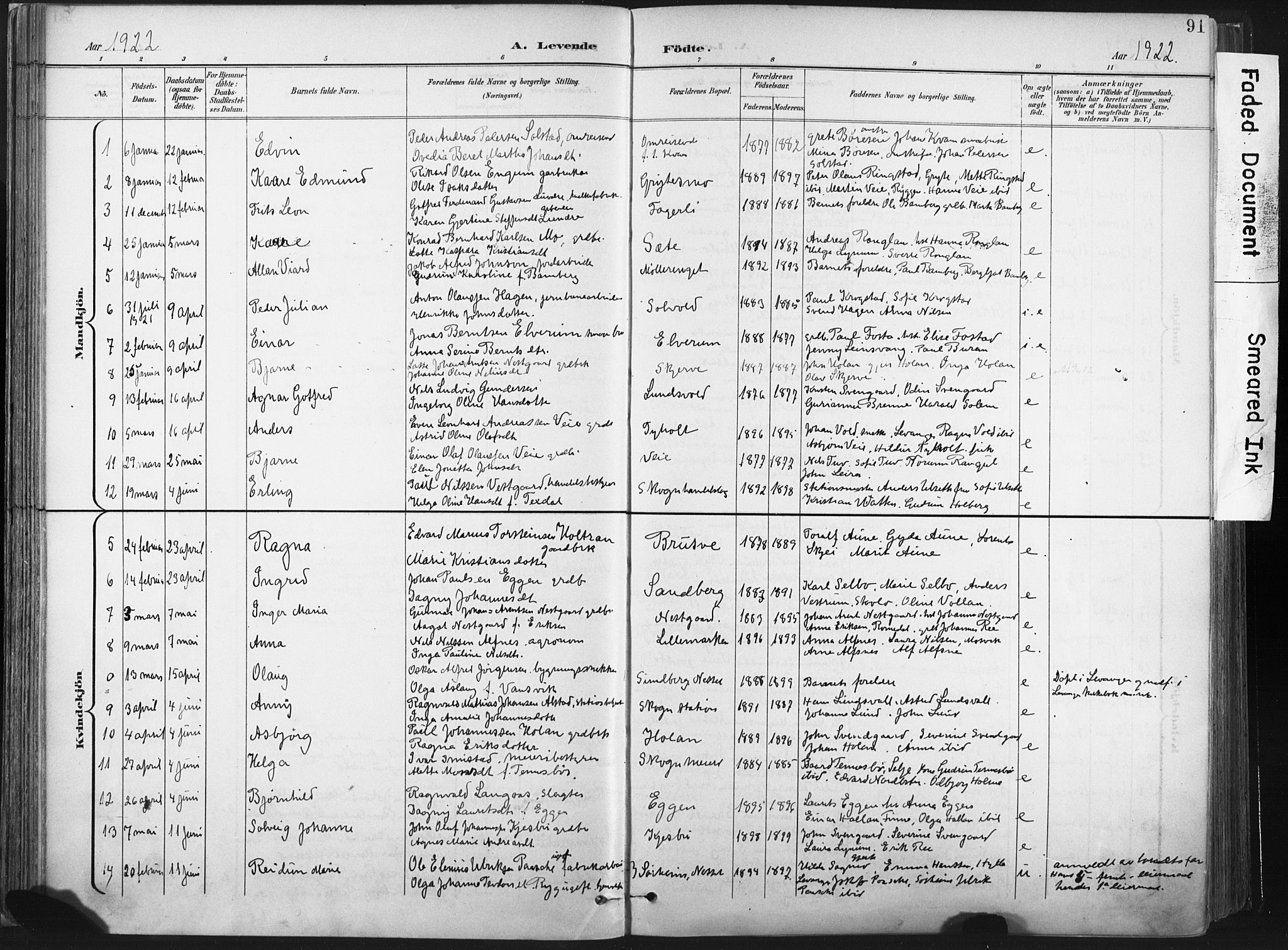 Ministerialprotokoller, klokkerbøker og fødselsregistre - Nord-Trøndelag, AV/SAT-A-1458/717/L0162: Parish register (official) no. 717A12, 1898-1923, p. 91