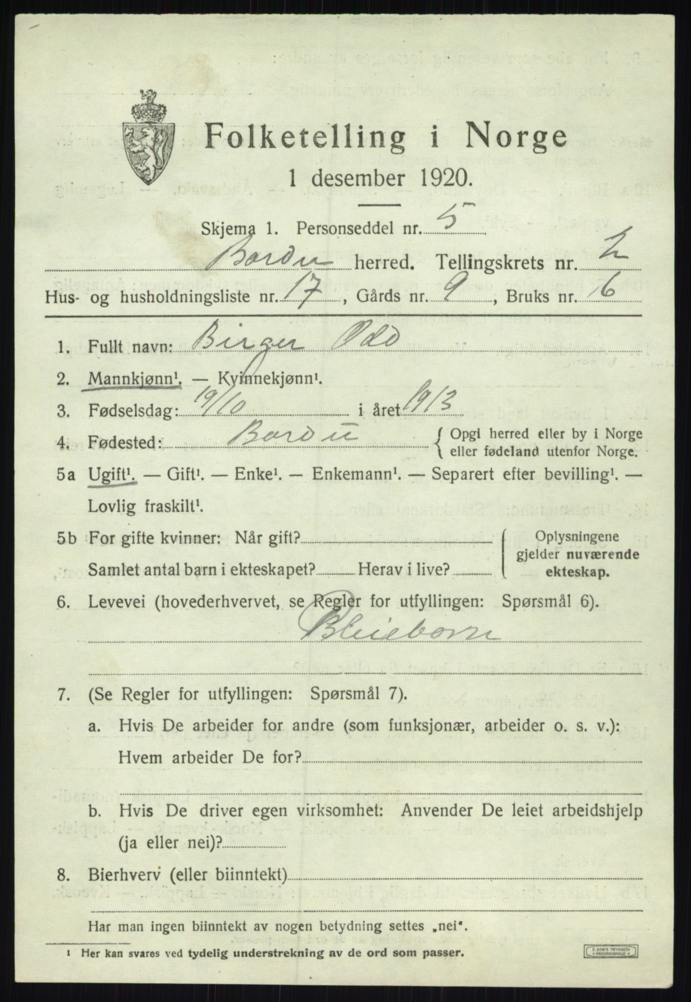 SATØ, 1920 census for Bardu, 1920, p. 1153