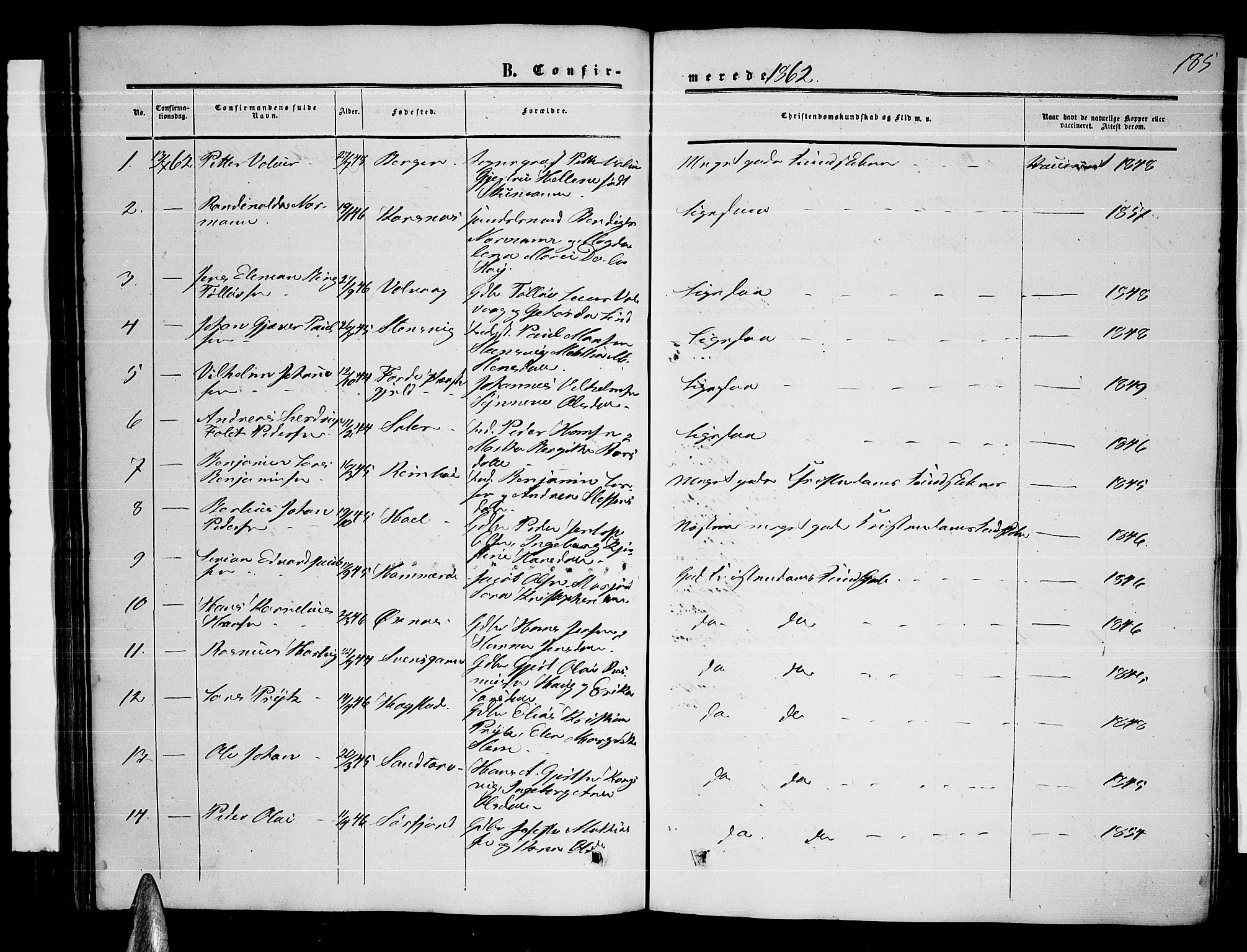 Ministerialprotokoller, klokkerbøker og fødselsregistre - Nordland, AV/SAT-A-1459/872/L1046: Parish register (copy) no. 872C02, 1852-1879, p. 185