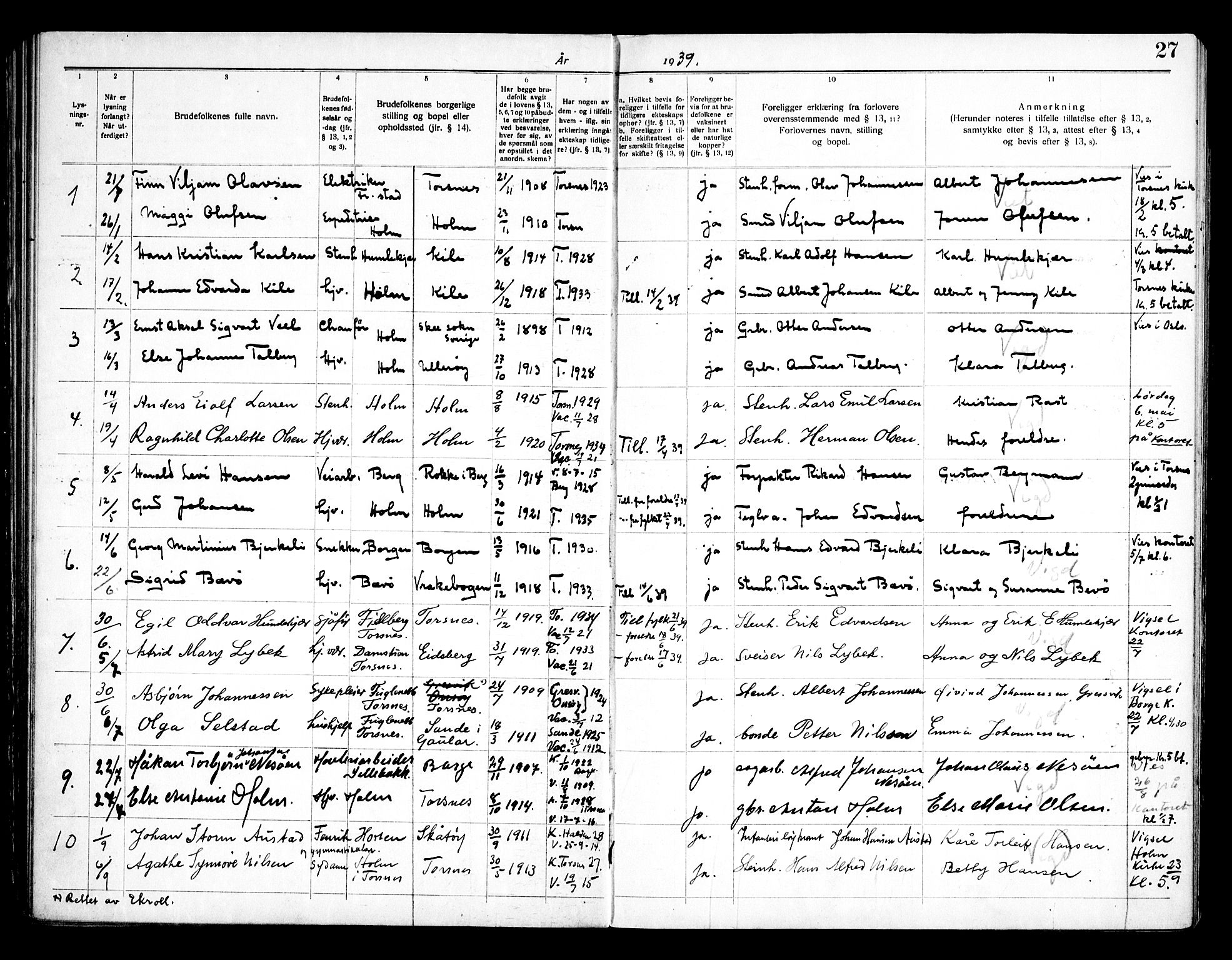 Borge prestekontor Kirkebøker, AV/SAO-A-10903/H/Hb/L0001: Banns register no. II 1, 1919-1966, p. 27