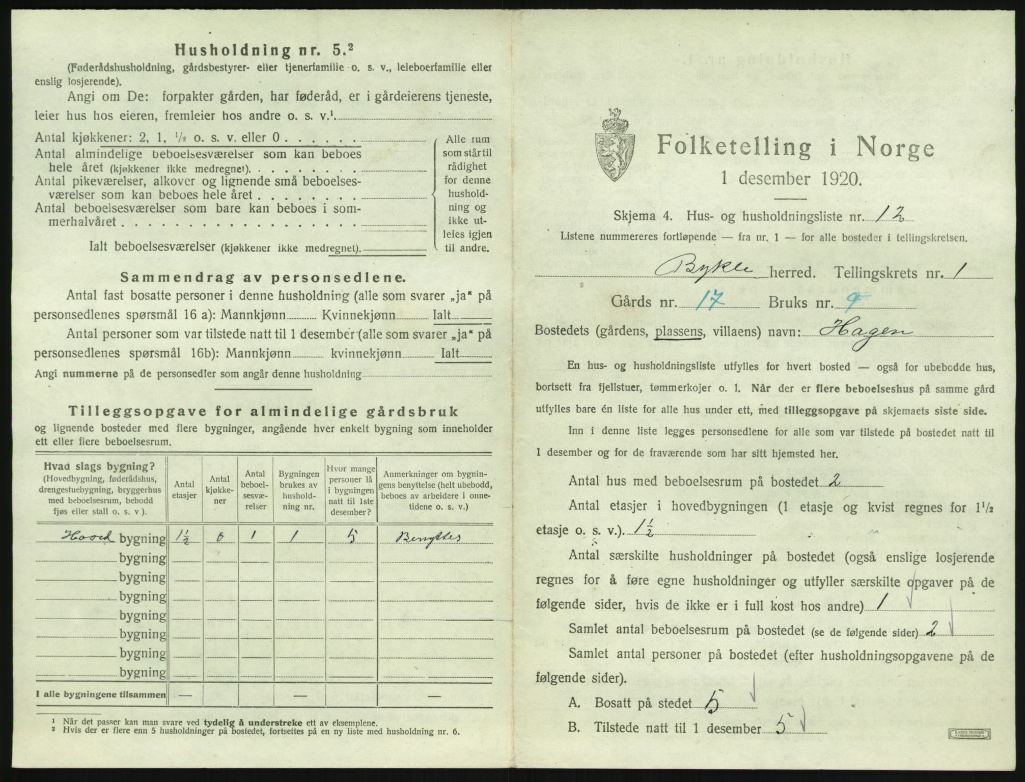SAK, 1920 census for Bykle, 1920, p. 43
