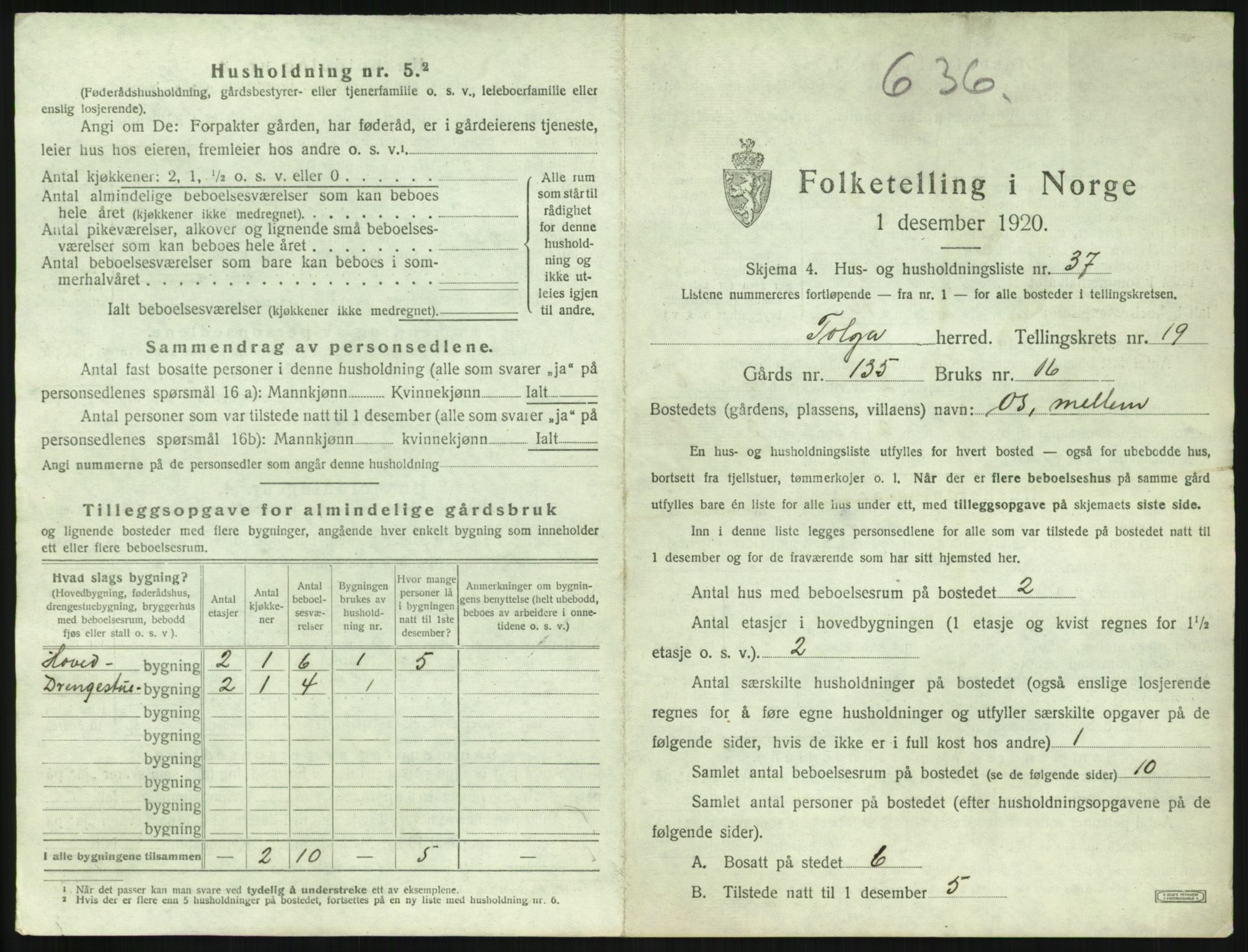 SAH, 1920 census for Tolga, 1920, p. 1373