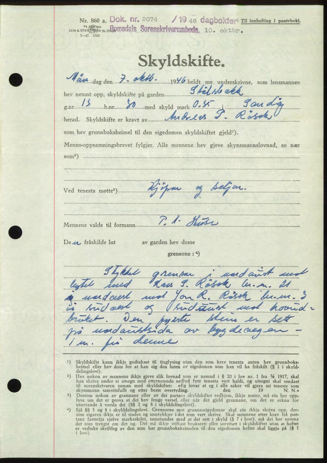 Romsdal sorenskriveri, AV/SAT-A-4149/1/2/2C: Mortgage book no. A21, 1946-1946, Diary no: : 2074/1946