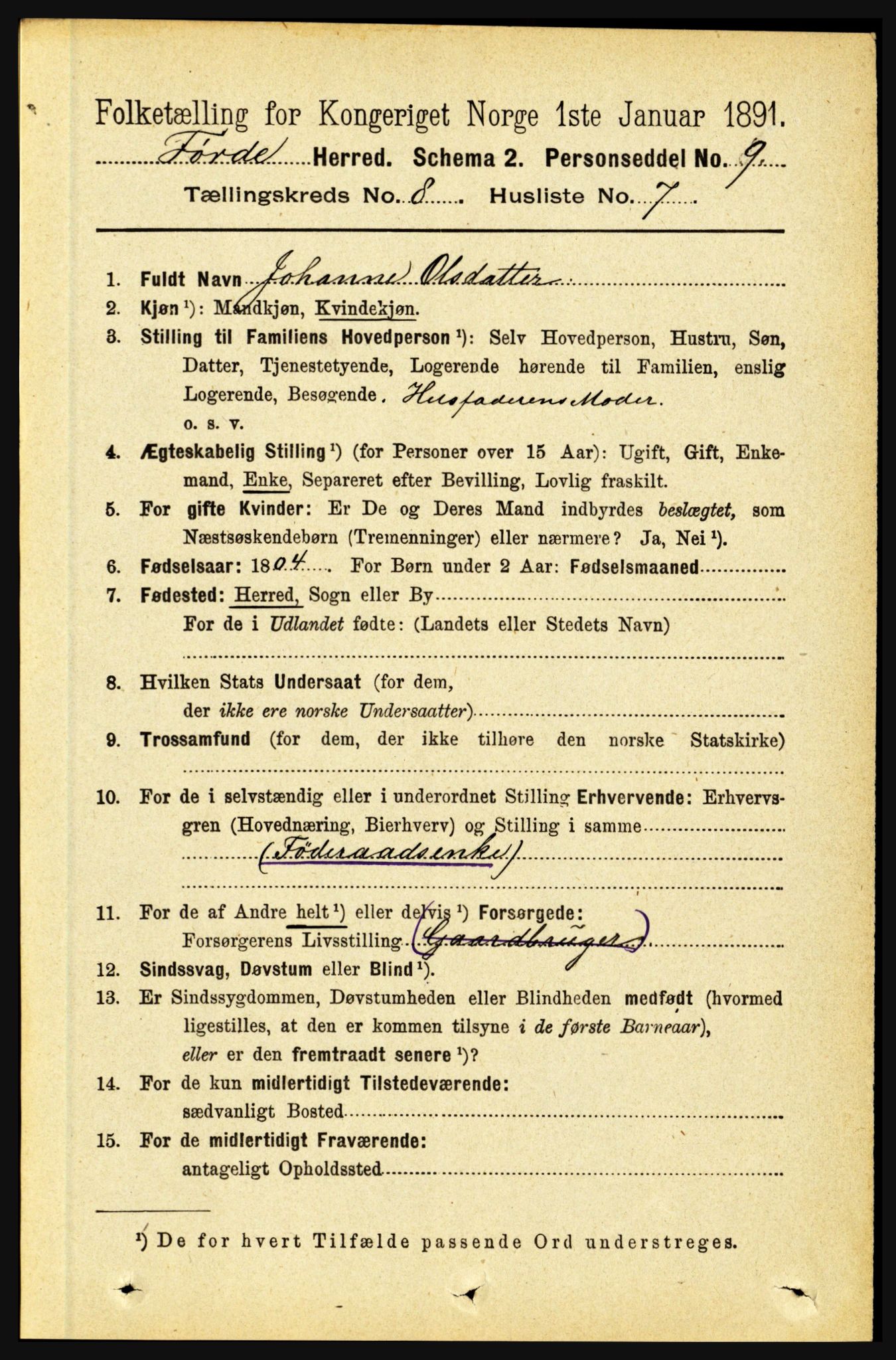 RA, 1891 census for 1432 Førde, 1891, p. 2925