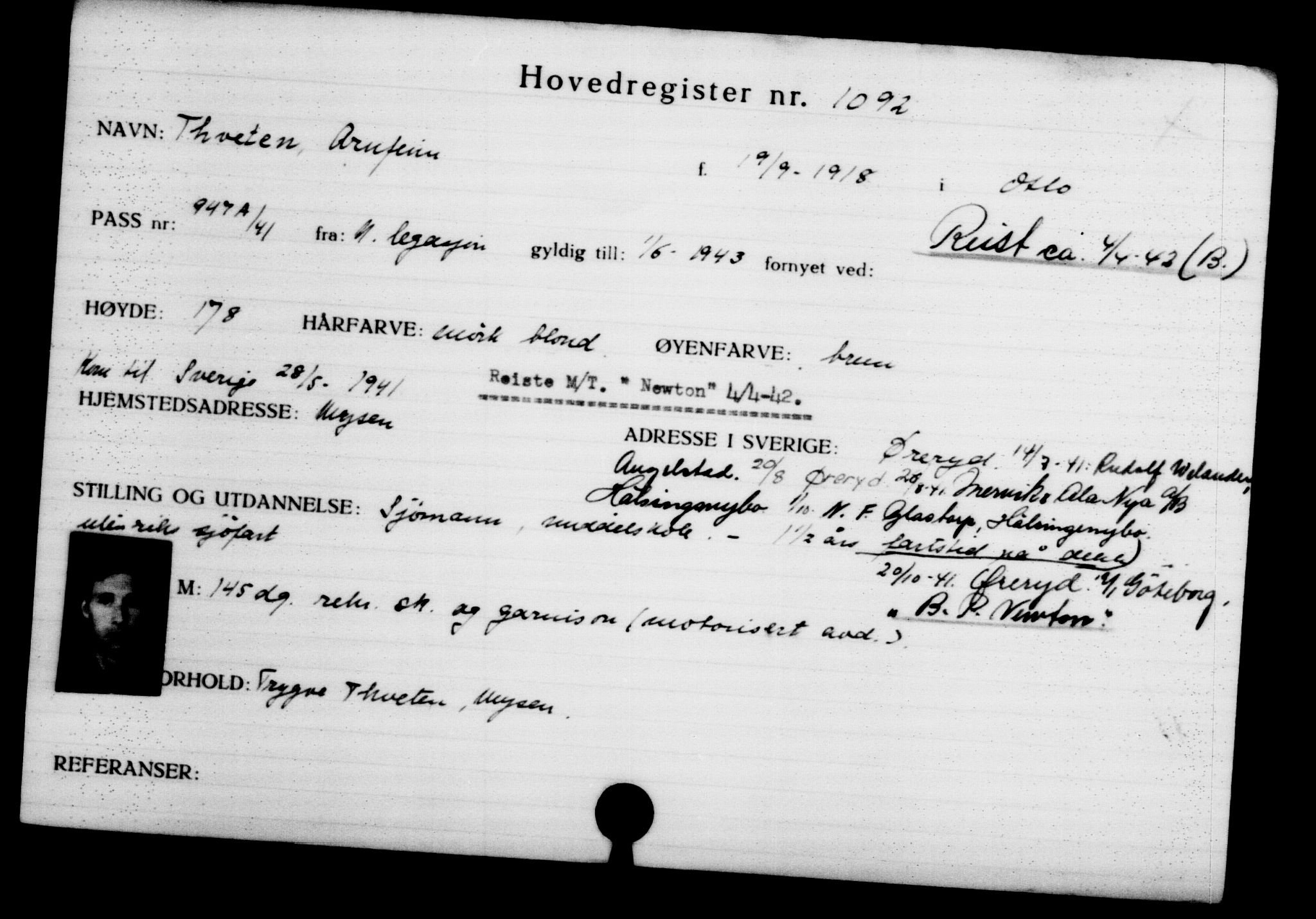 Den Kgl. Norske Legasjons Flyktningskontor, AV/RA-S-6753/V/Va/L0002: Kjesäterkartoteket.  Flyktningenr. 1001-2000, 1940-1945, p. 154