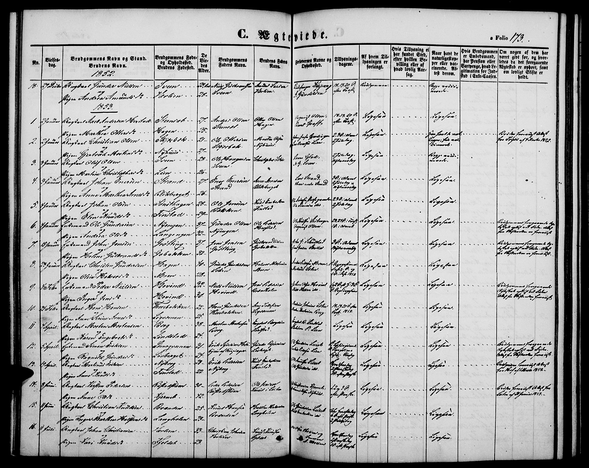 Elverum prestekontor, SAH/PREST-044/H/Ha/Hab/L0002: Parish register (copy) no. 2, 1845-1855, p. 173