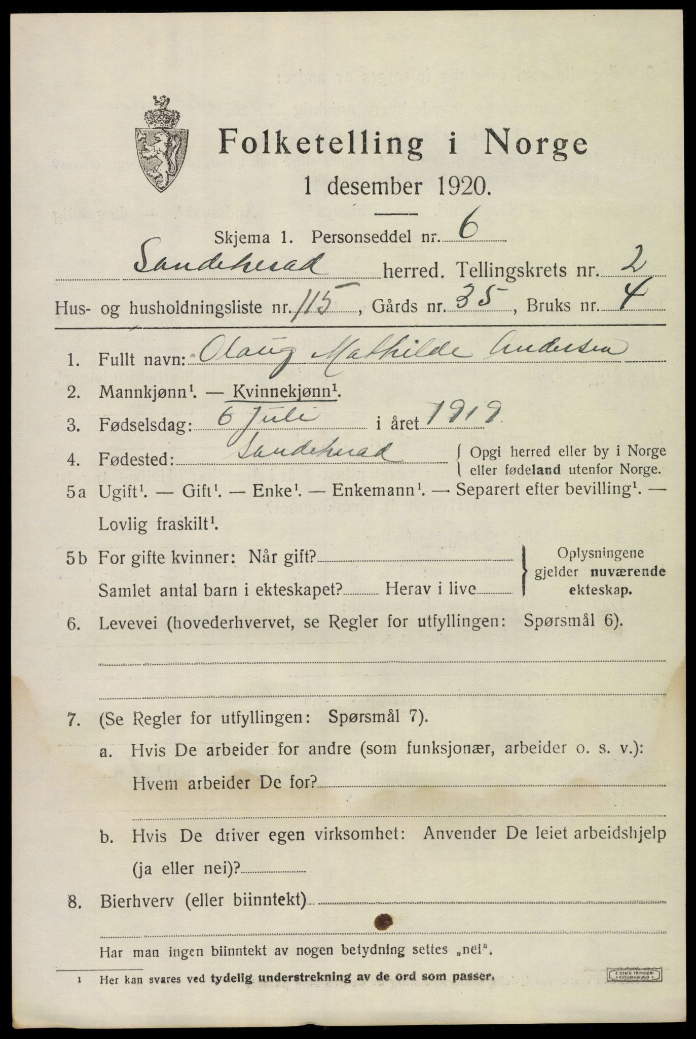 SAKO, 1920 census for Sandeherred, 1920, p. 5216
