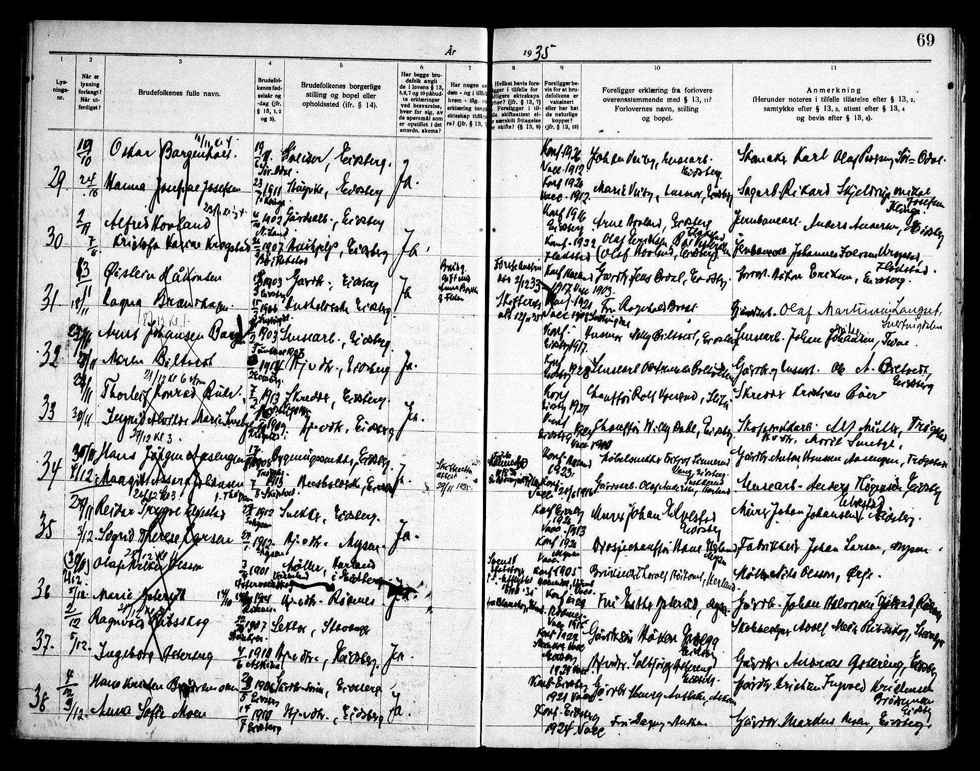Eidsberg prestekontor Kirkebøker, SAO/A-10905/H/Ha/L0001: Banns register no. I 1, 1919-1946, p. 69