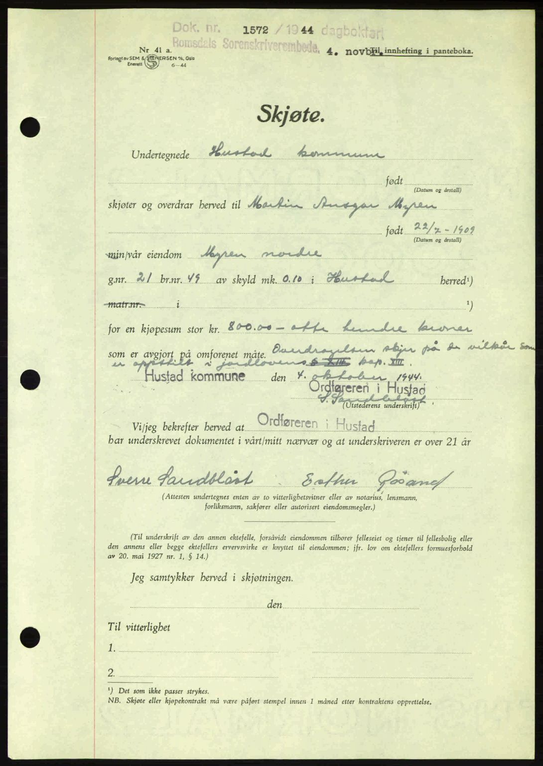 Romsdal sorenskriveri, AV/SAT-A-4149/1/2/2C: Mortgage book no. A17, 1944-1945, Diary no: : 1572/1944