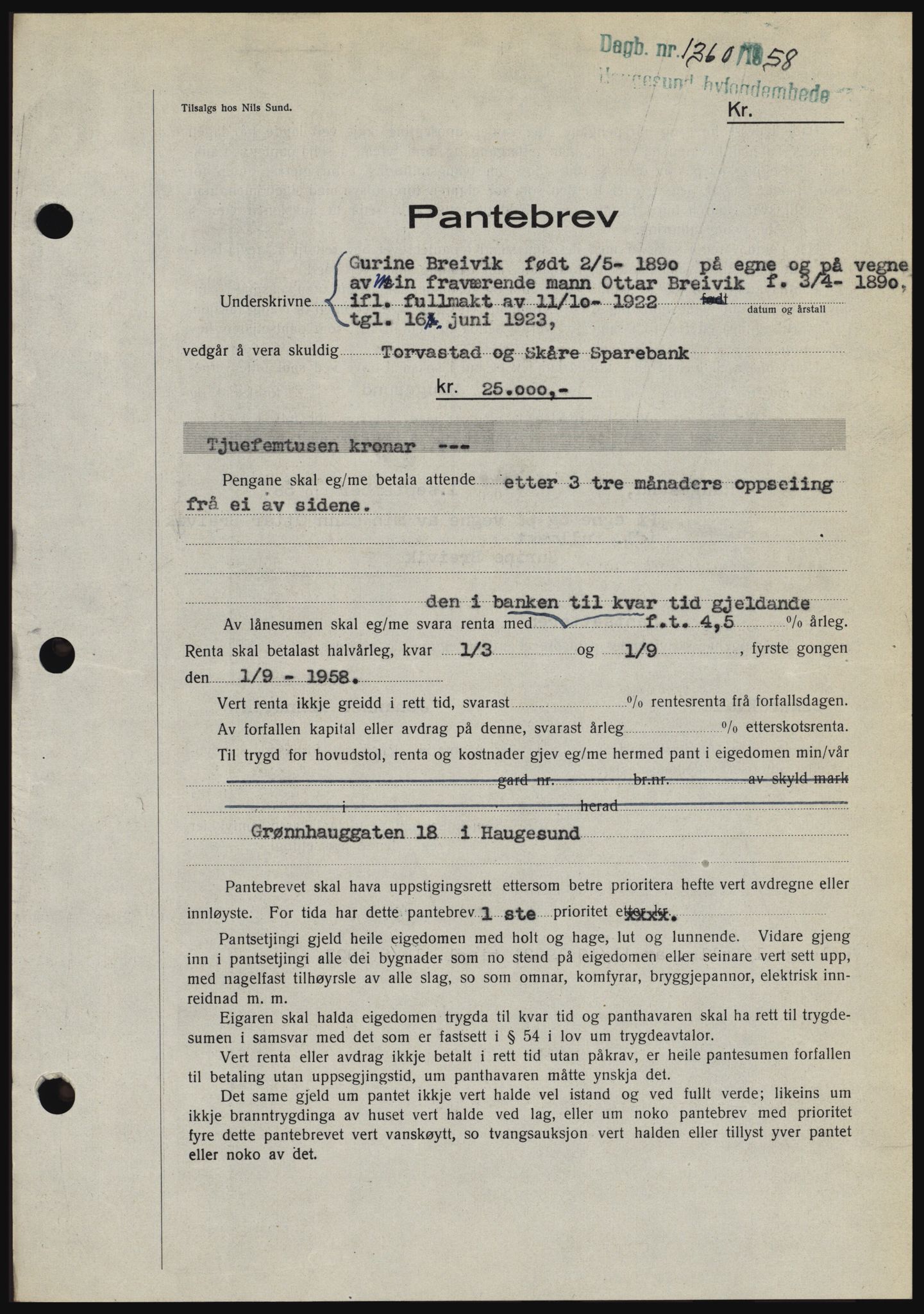 Haugesund tingrett, SAST/A-101415/01/II/IIC/L0044: Mortgage book no. B 44, 1958-1959, Diary no: : 1360/1958