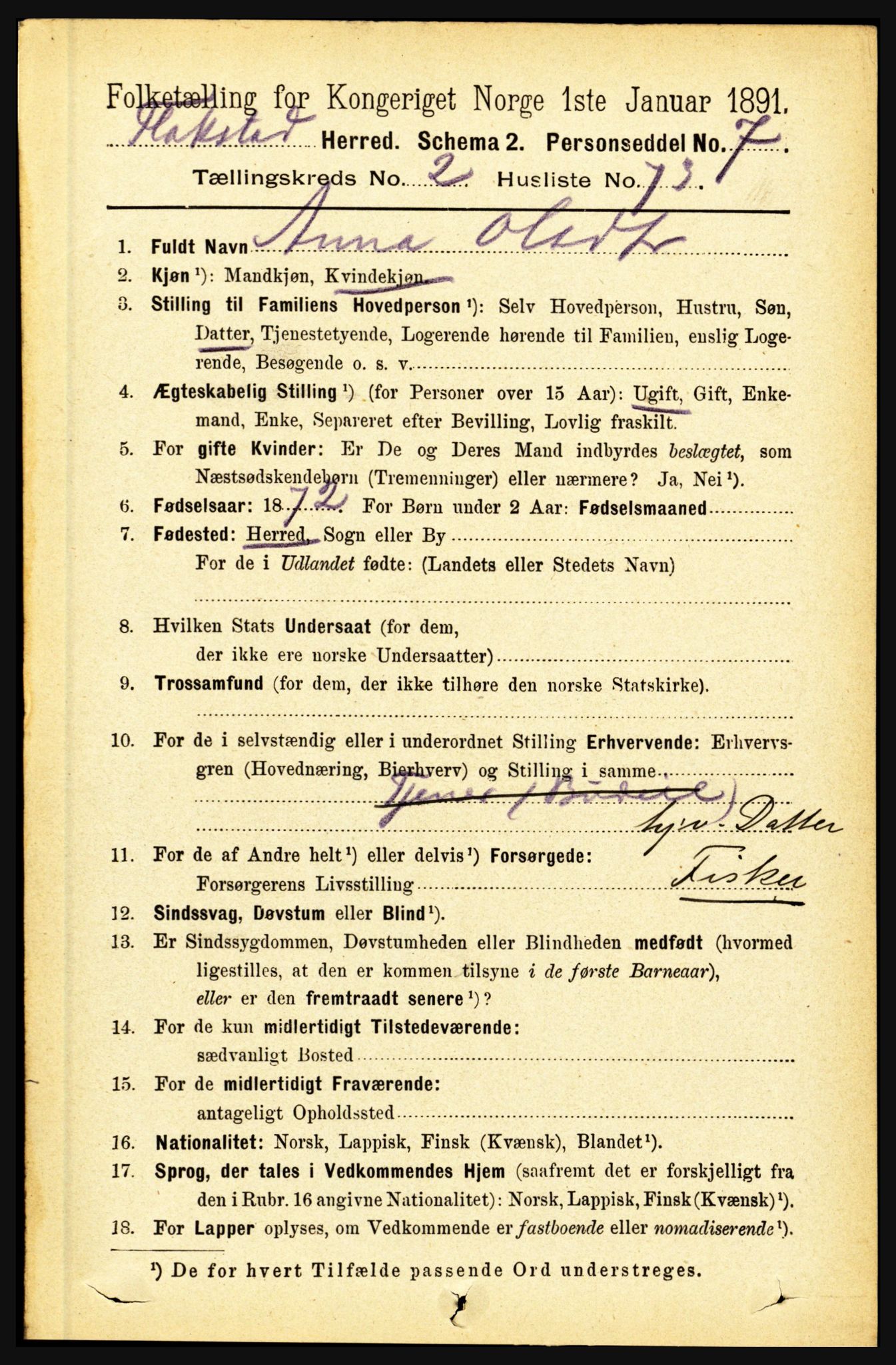 RA, 1891 census for 1859 Flakstad, 1891, p. 1168