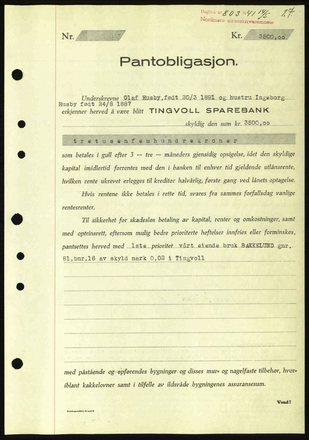 Nordmøre sorenskriveri, AV/SAT-A-4132/1/2/2Ca: Mortgage book no. B88, 1941-1942, Diary no: : 803/1941