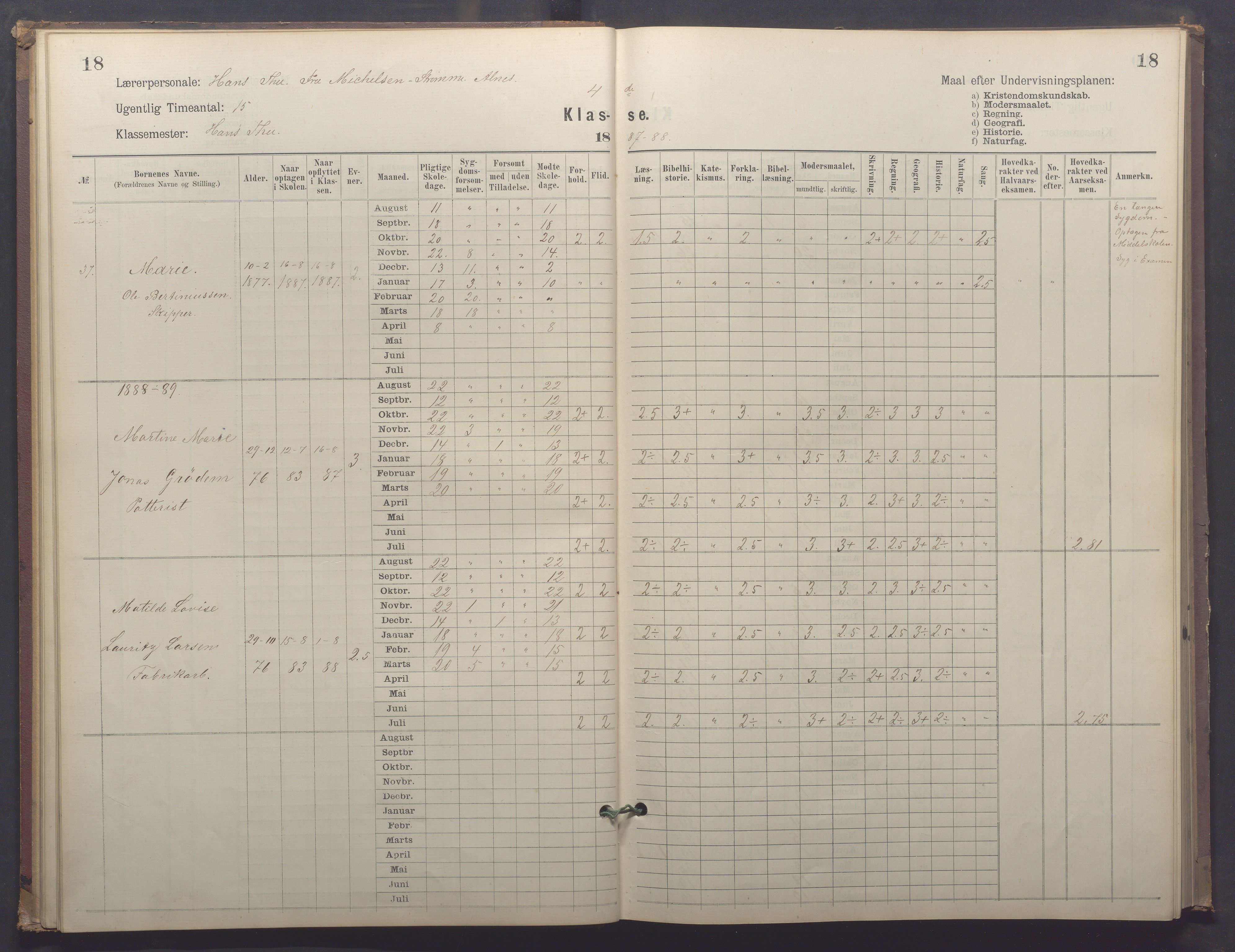 Egersund kommune (Ladested) - Egersund almueskole/folkeskole, IKAR/K-100521/H/L0025: Skoleprotokoll - Almueskolen, 4. klasse, 1887-1892, p. 18