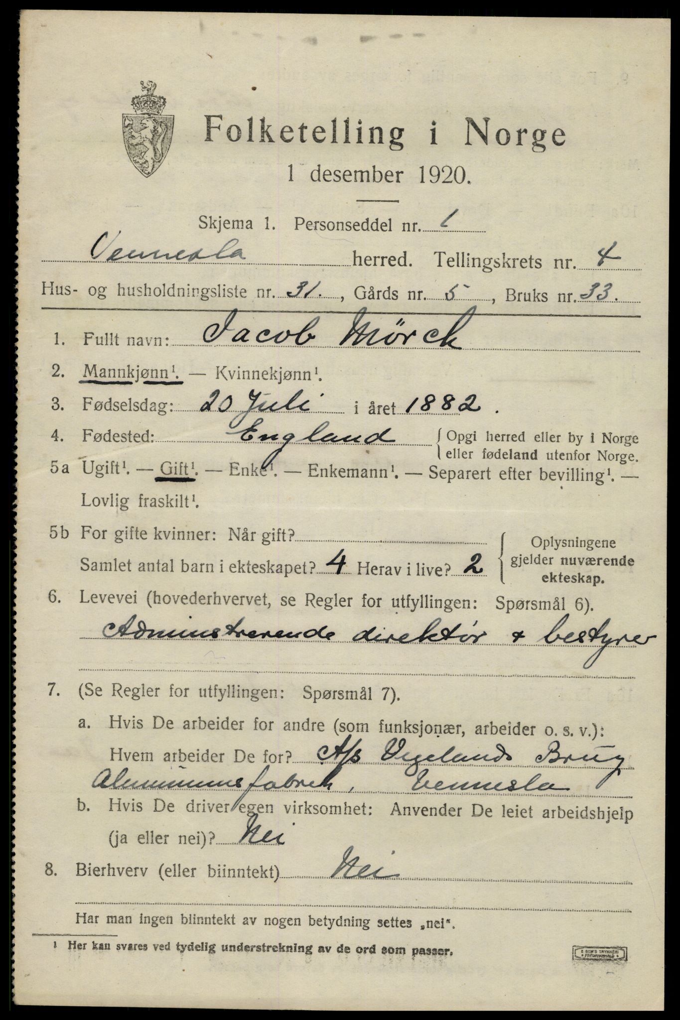 SAK, 1920 census for Vennesla, 1920, p. 3224