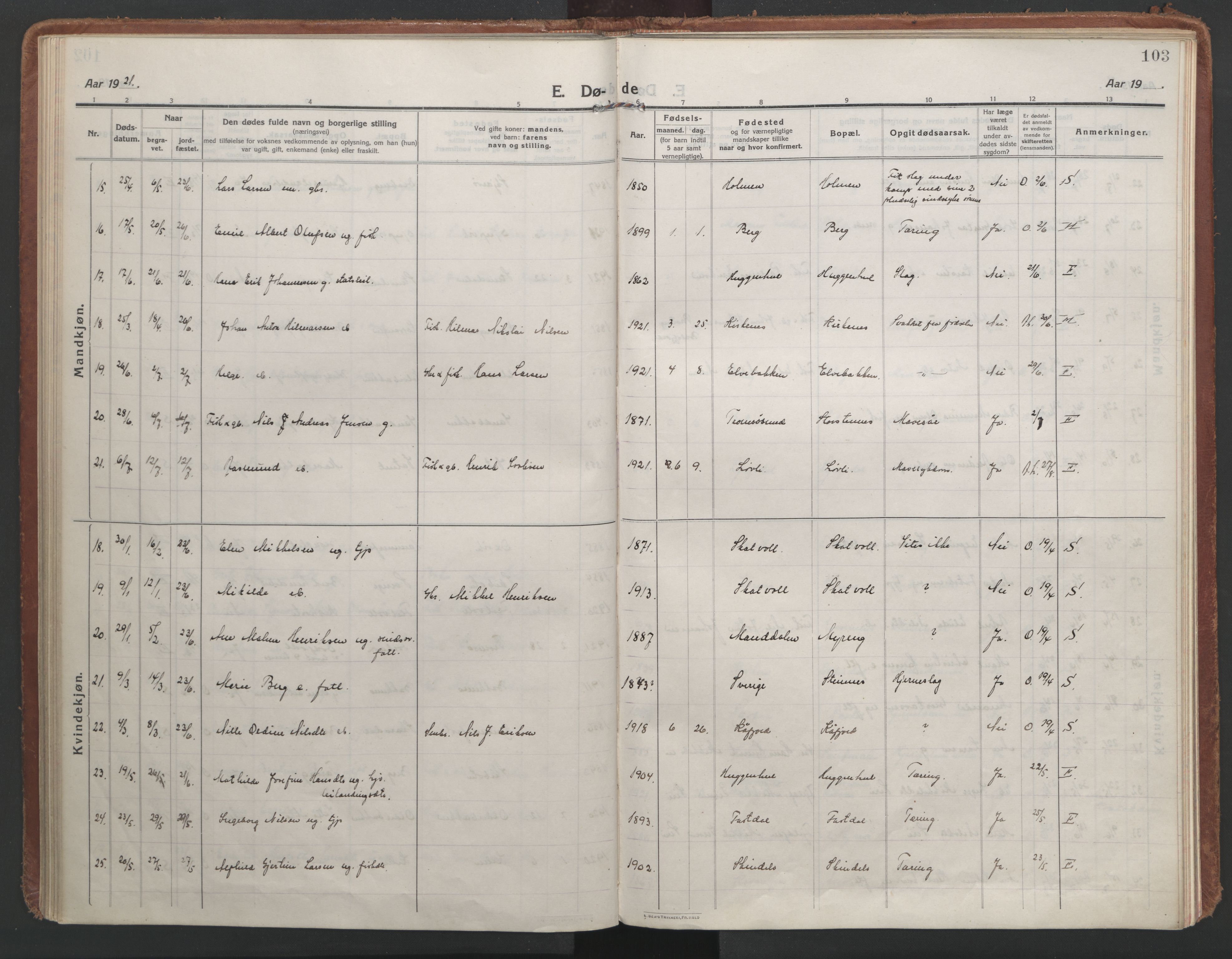 Lyngen sokneprestembete, AV/SATØ-S-1289/H/He/Hea/L0013kirke: Parish register (official) no. 13, 1914-1923, p. 103