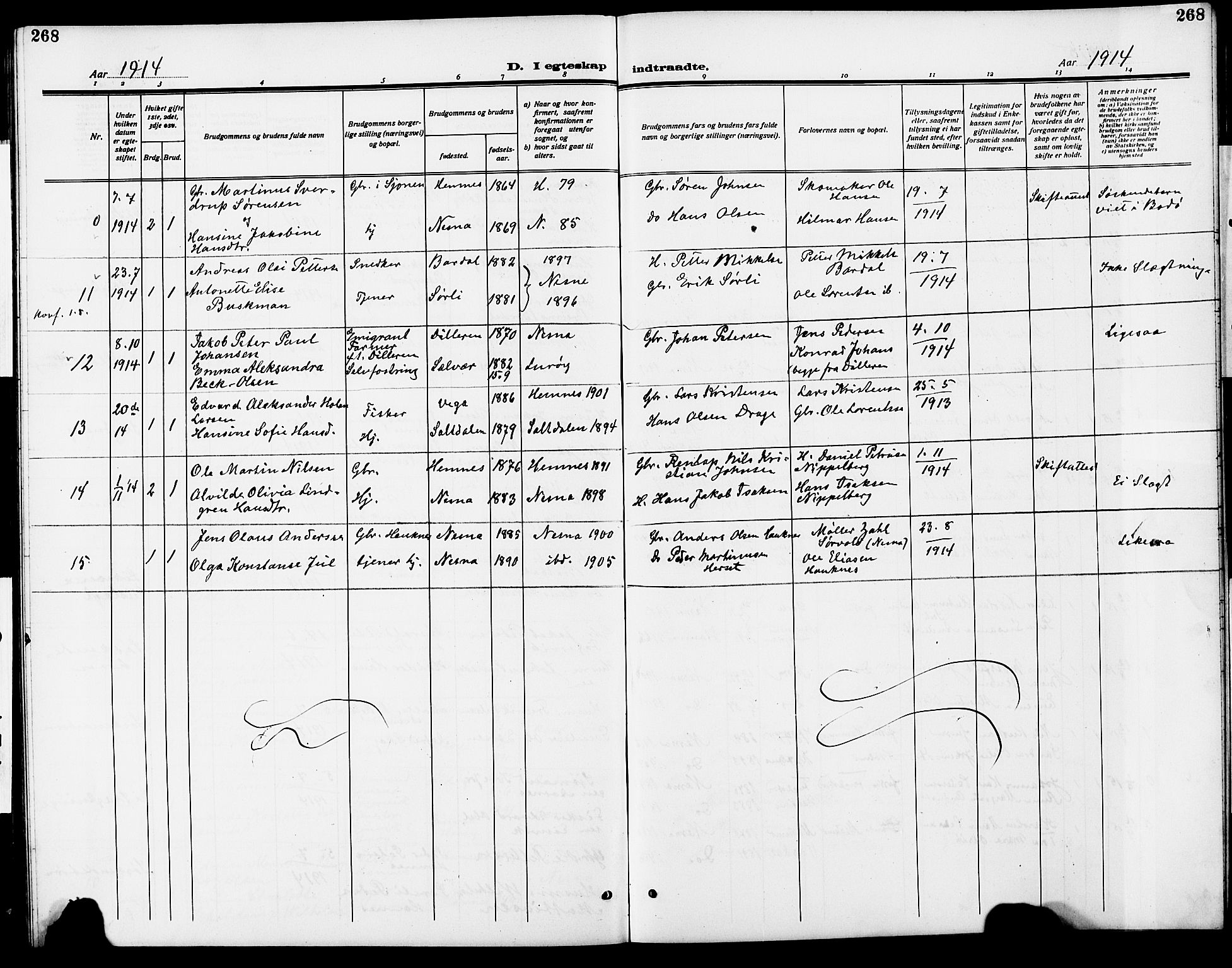 Ministerialprotokoller, klokkerbøker og fødselsregistre - Nordland, AV/SAT-A-1459/838/L0560: Parish register (copy) no. 838C07, 1910-1928, p. 268