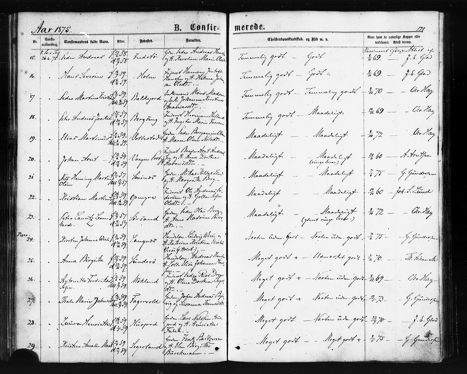 Ministerialprotokoller, klokkerbøker og fødselsregistre - Nordland, AV/SAT-A-1459/893/L1334: Parish register (official) no. 893A07, 1867-1877, p. 171