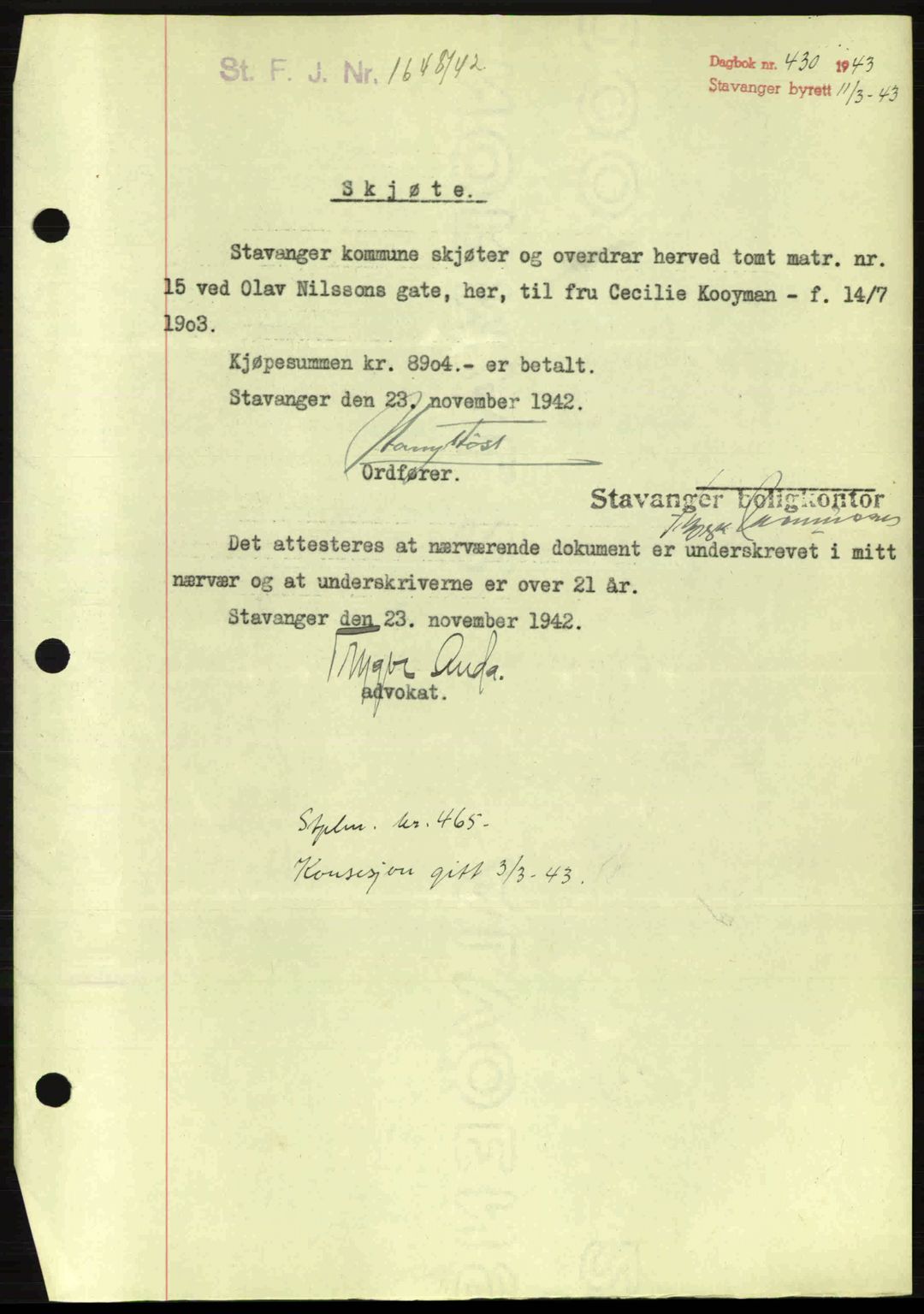 Stavanger byrett, SAST/A-100455/002/G/Gb/L0017: Mortgage book no. A7, 1941-1943, Diary no: : 430/1943