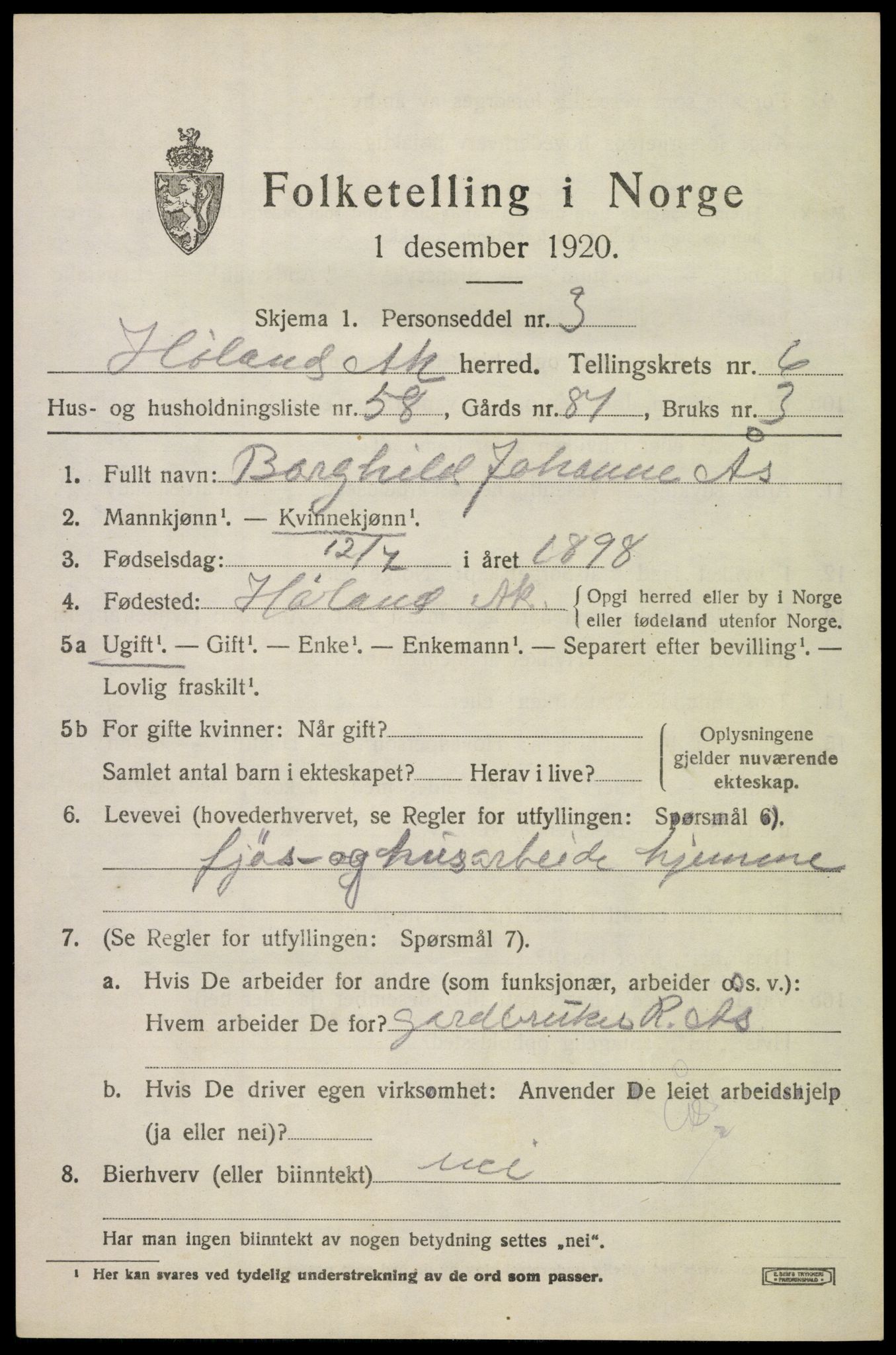 SAO, 1920 census for Høland, 1920, p. 8989