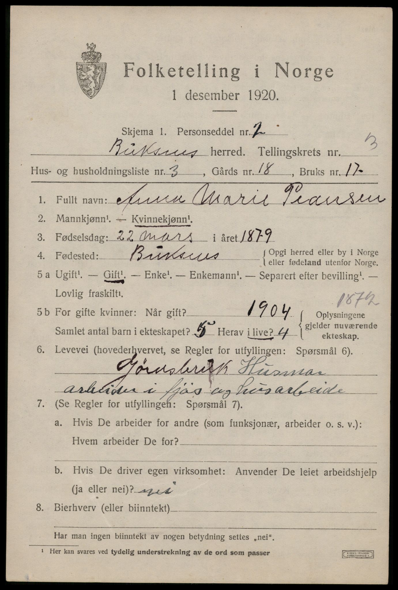 SAT, 1920 census for Buksnes, 1920, p. 3409