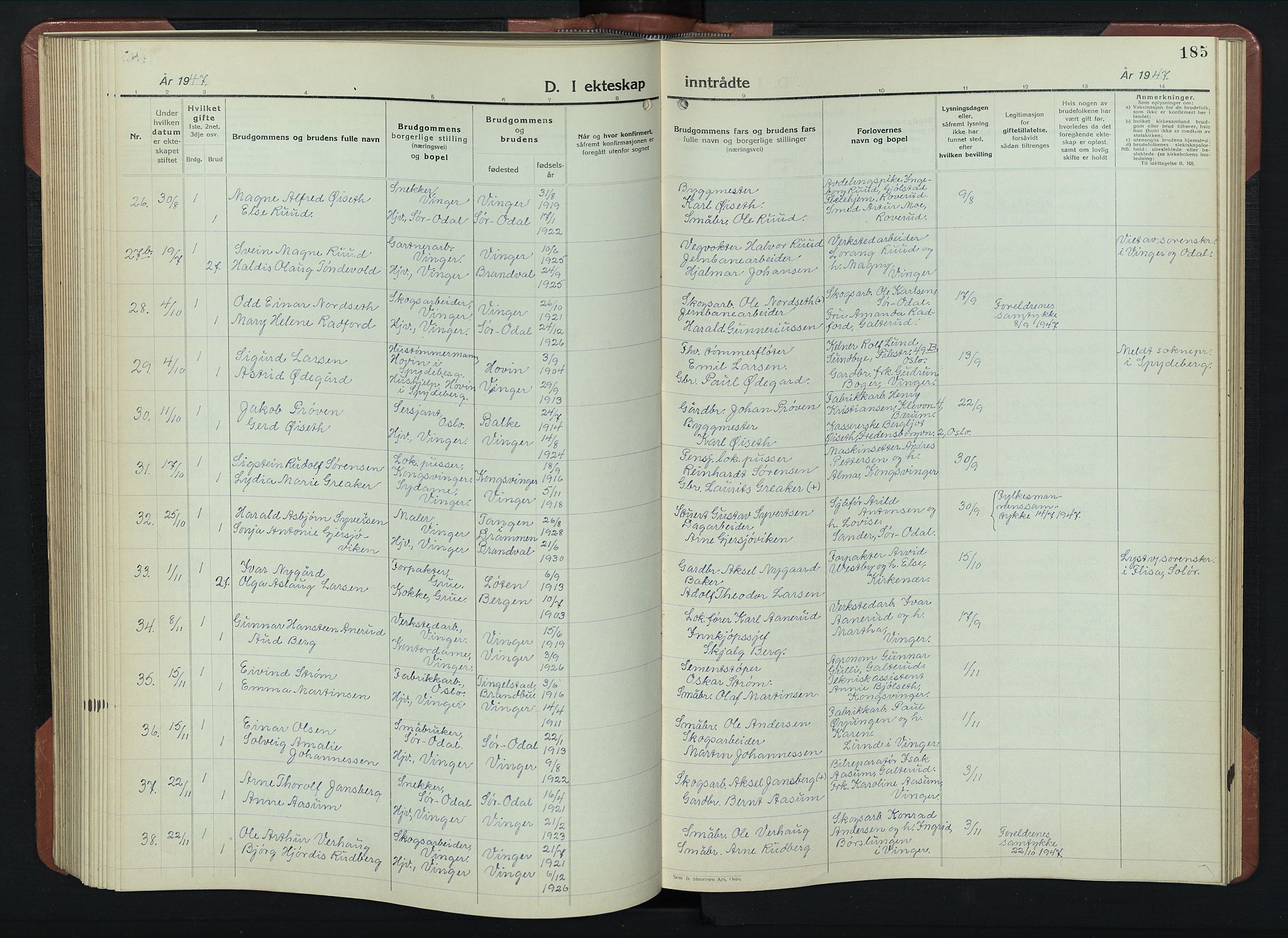 Vinger prestekontor, AV/SAH-PREST-024/H/Ha/Hab/L0007: Parish register (copy) no. 7, 1941-1955, p. 185