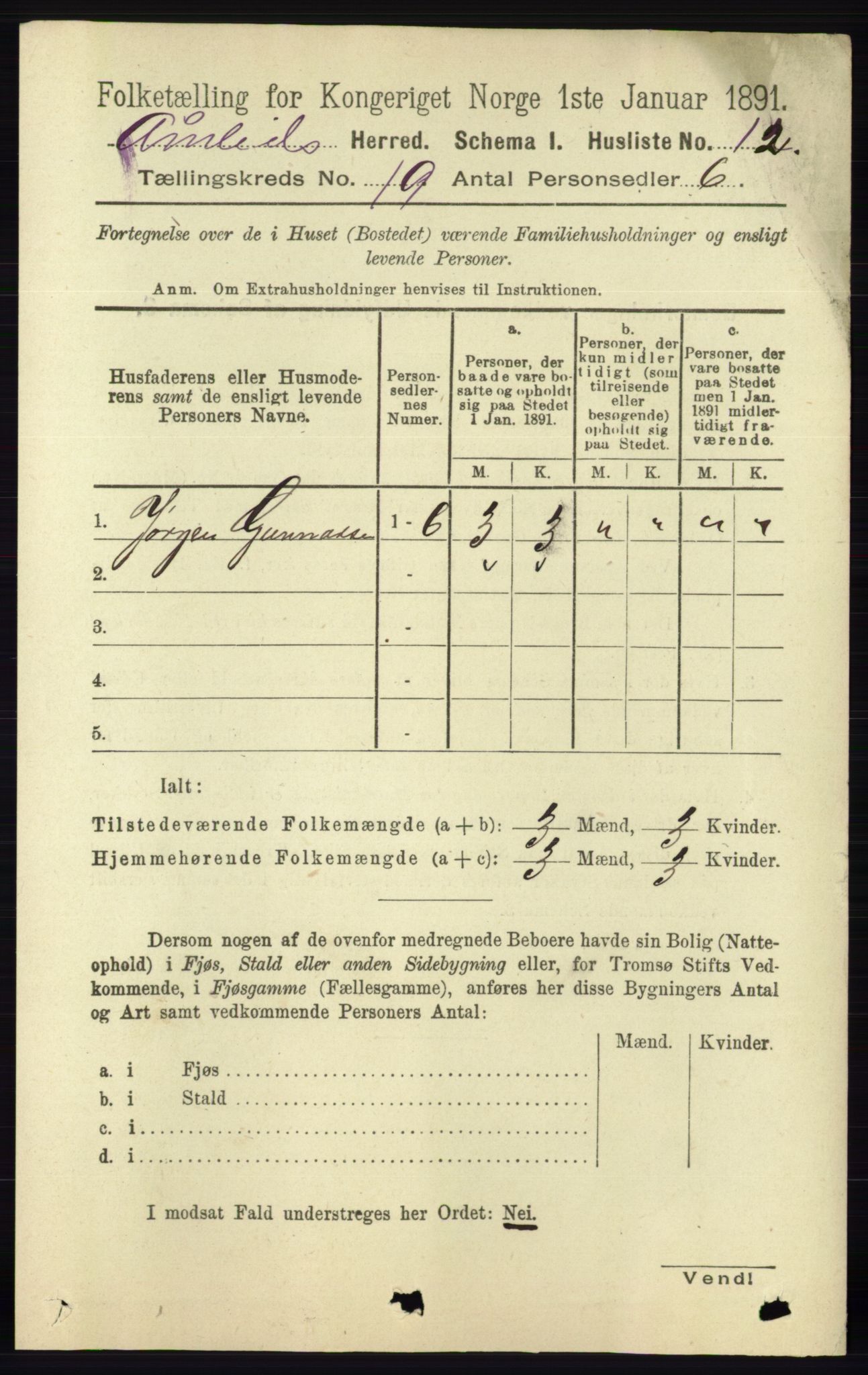 RA, 1891 census for 0929 Åmli, 1891, p. 3138