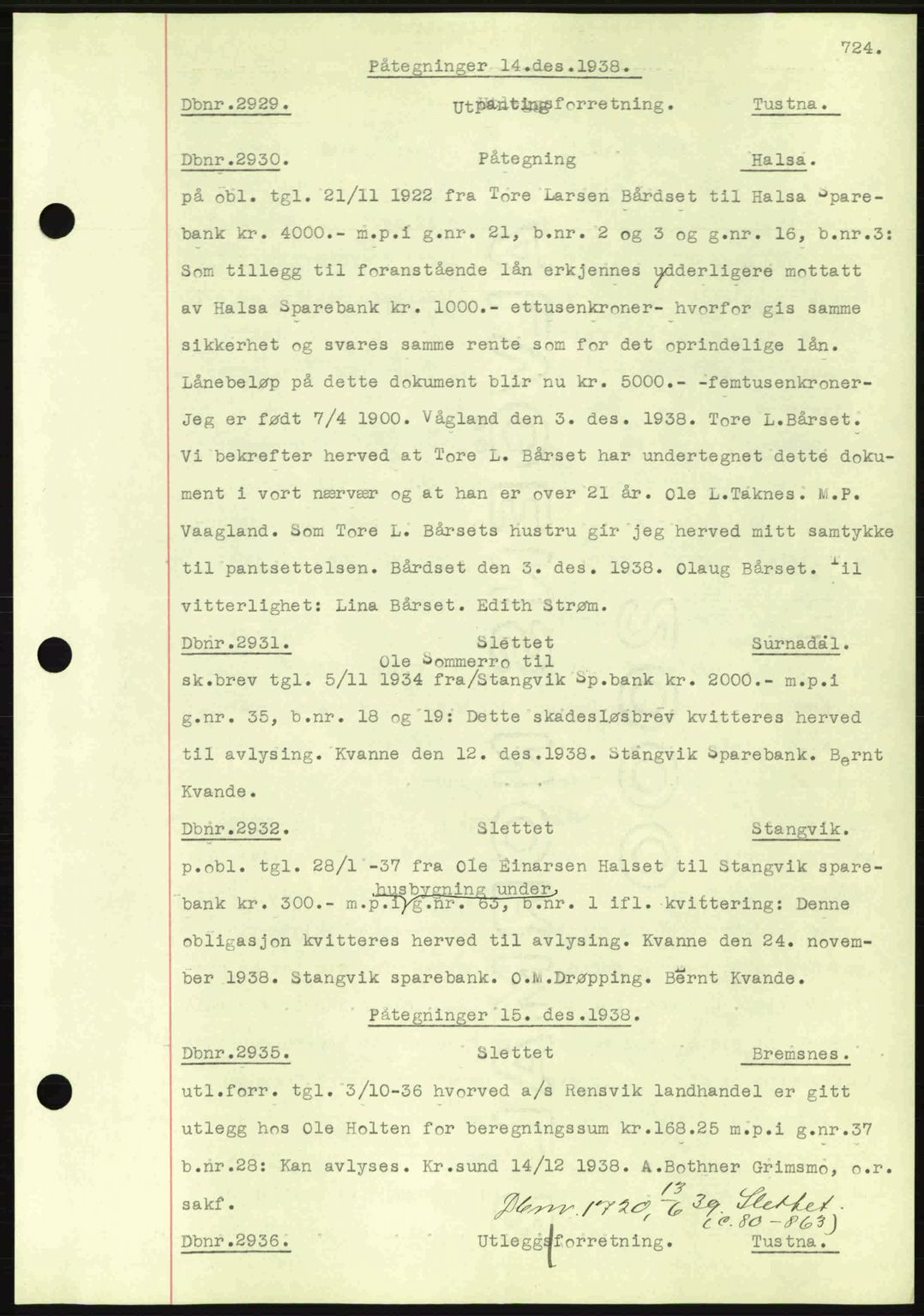 Nordmøre sorenskriveri, AV/SAT-A-4132/1/2/2Ca: Mortgage book no. C80, 1936-1939, Diary no: : 2929/1938