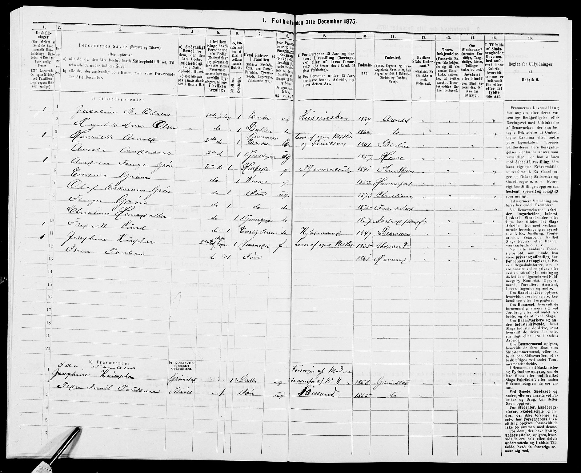 SAK, 1875 census for 0903P Arendal, 1875, p. 30