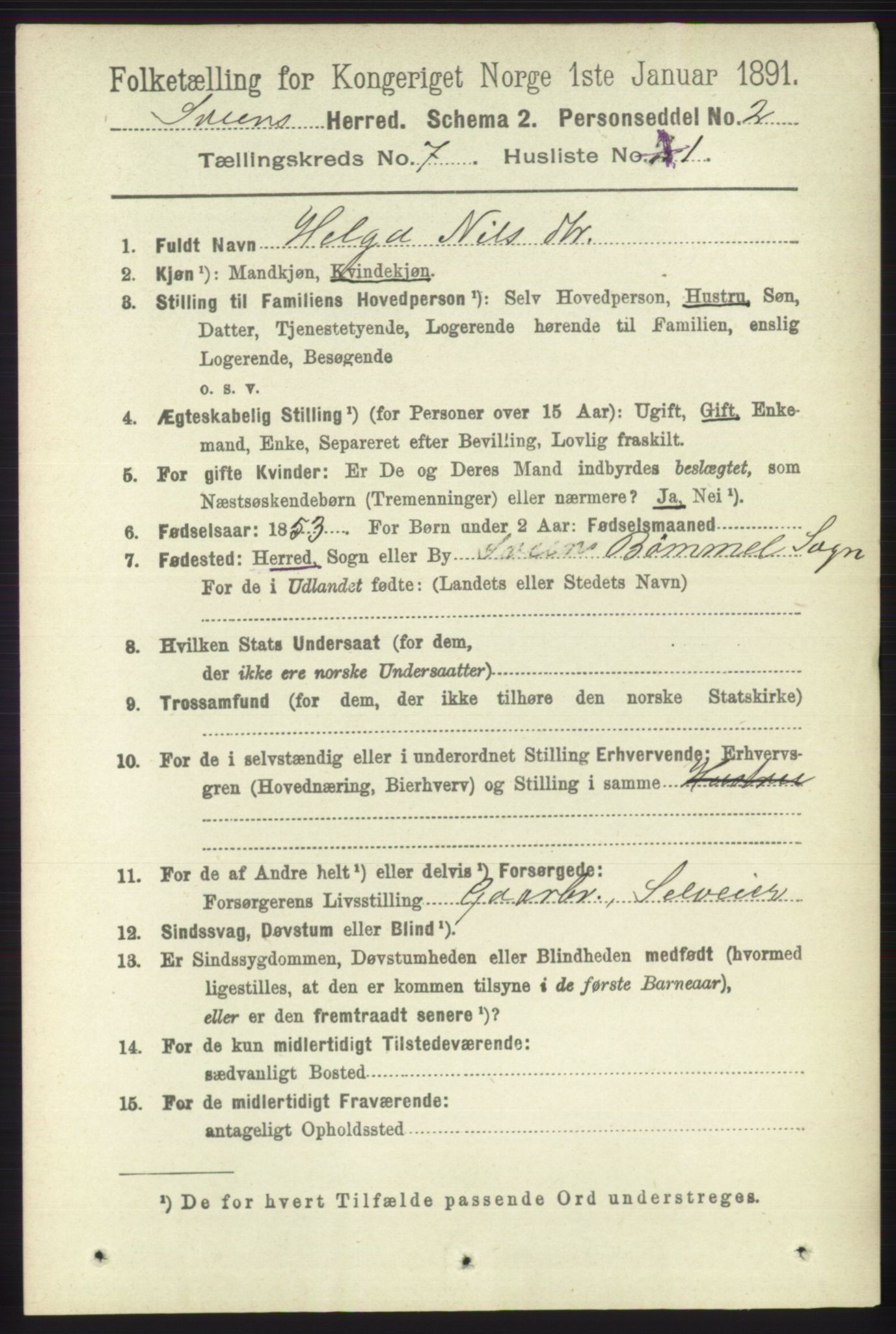 RA, 1891 census for 1216 Sveio, 1891, p. 1975