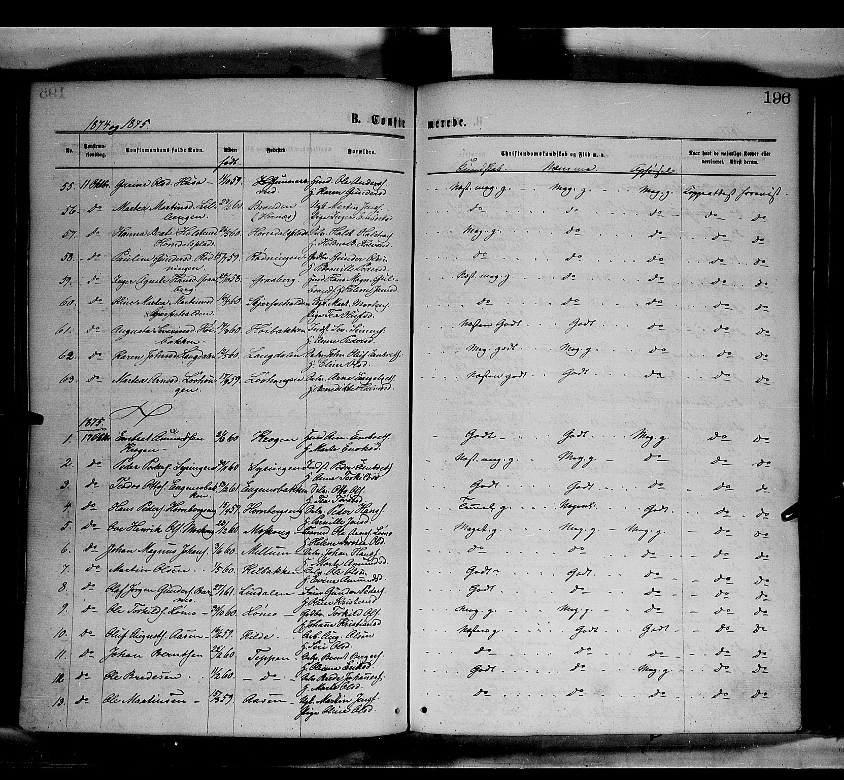 Elverum prestekontor, SAH/PREST-044/H/Ha/Haa/L0011: Parish register (official) no. 11, 1869-1879, p. 196