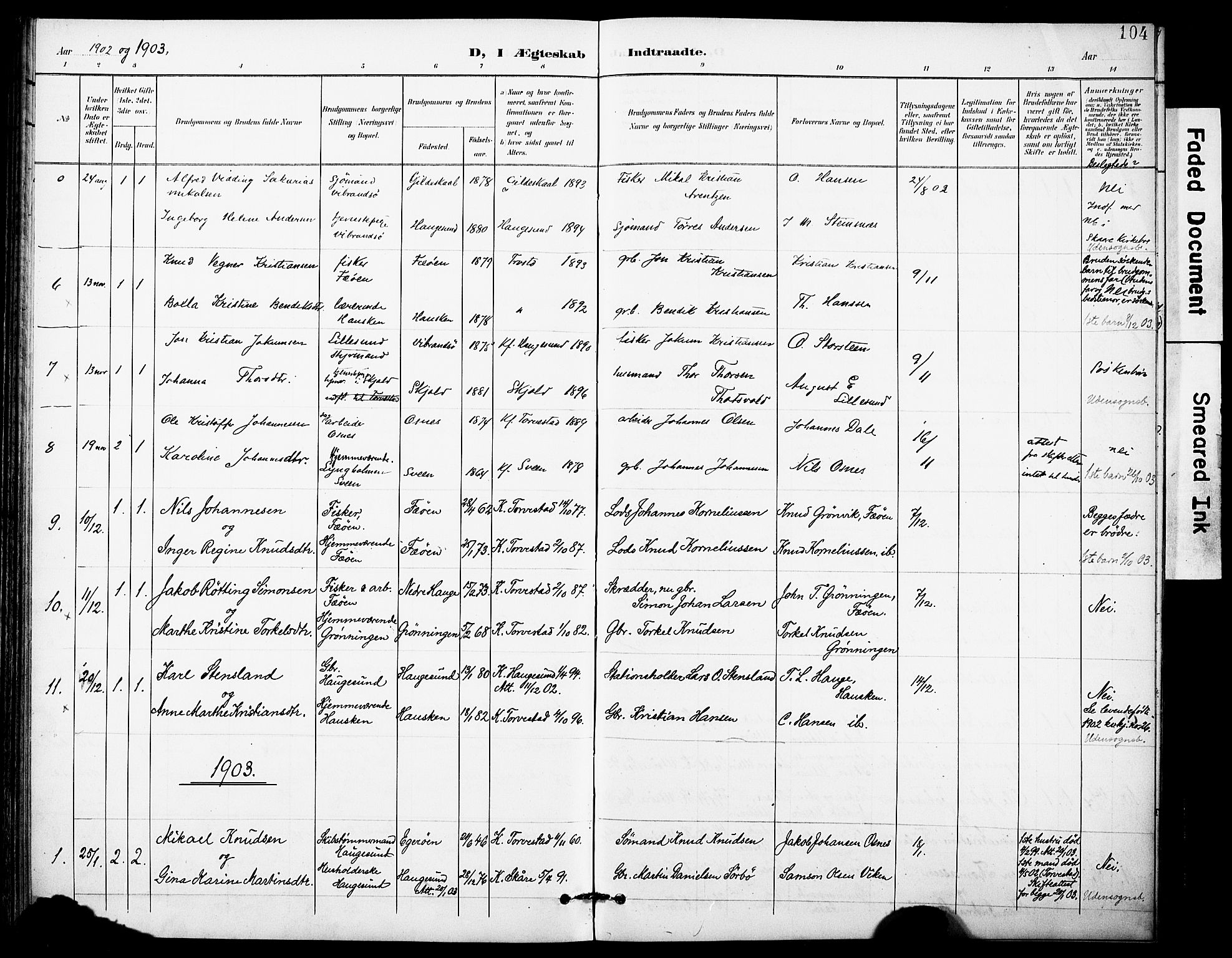 Torvastad sokneprestkontor, SAST/A -101857/H/Ha/Haa/L0017: Parish register (official) no. A 16, 1899-1911, p. 104