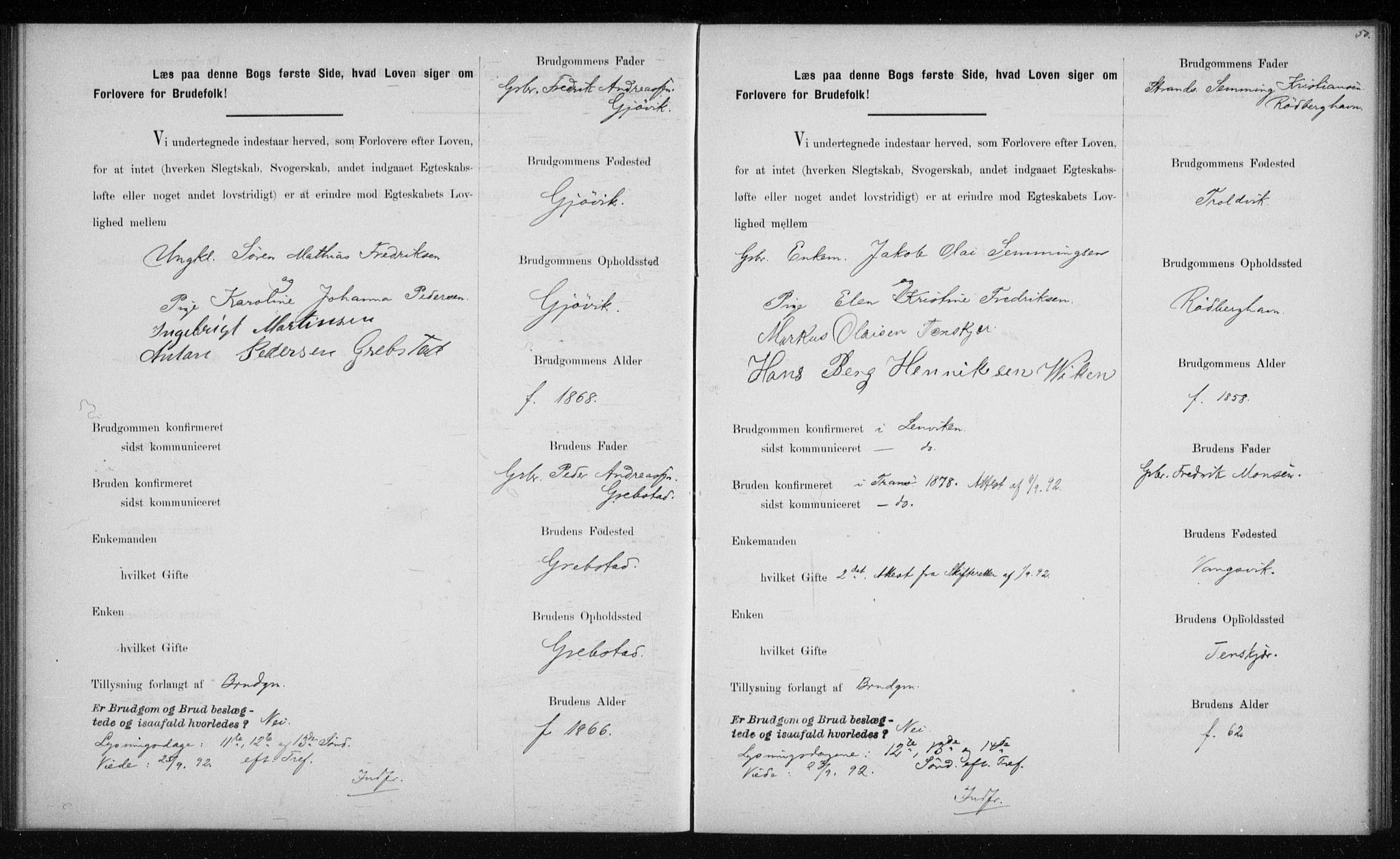 Lenvik sokneprestembete, AV/SATØ-S-1310/I/Ie/L0129: Banns register no. 129, 1890-1895, p. 50