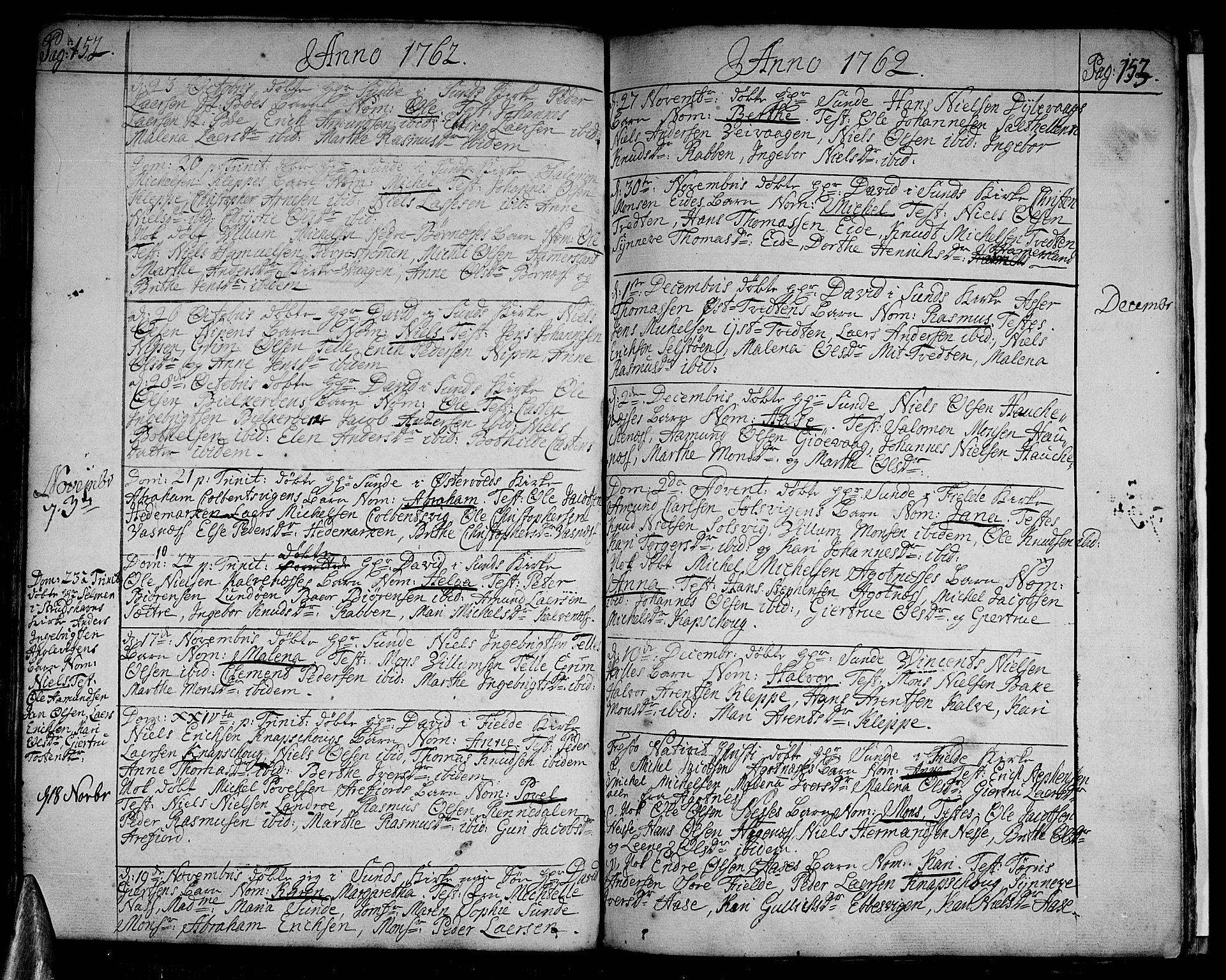 Sund sokneprestembete, SAB/A-99930: Parish register (official) no. A 4, 1748-1769, p. 152-153