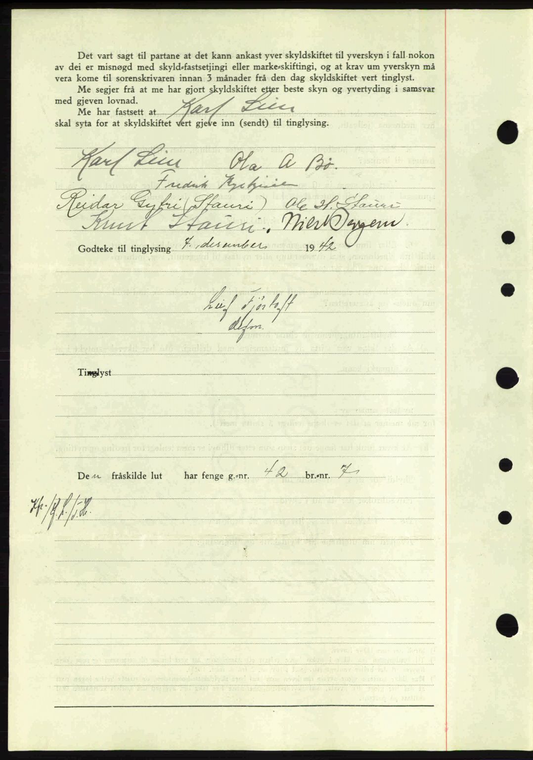 Nordfjord sorenskriveri, AV/SAB-A-2801/02/02b/02bj/L0007: Mortgage book no. A7, 1941-1943, Diary no: : 1491/1942