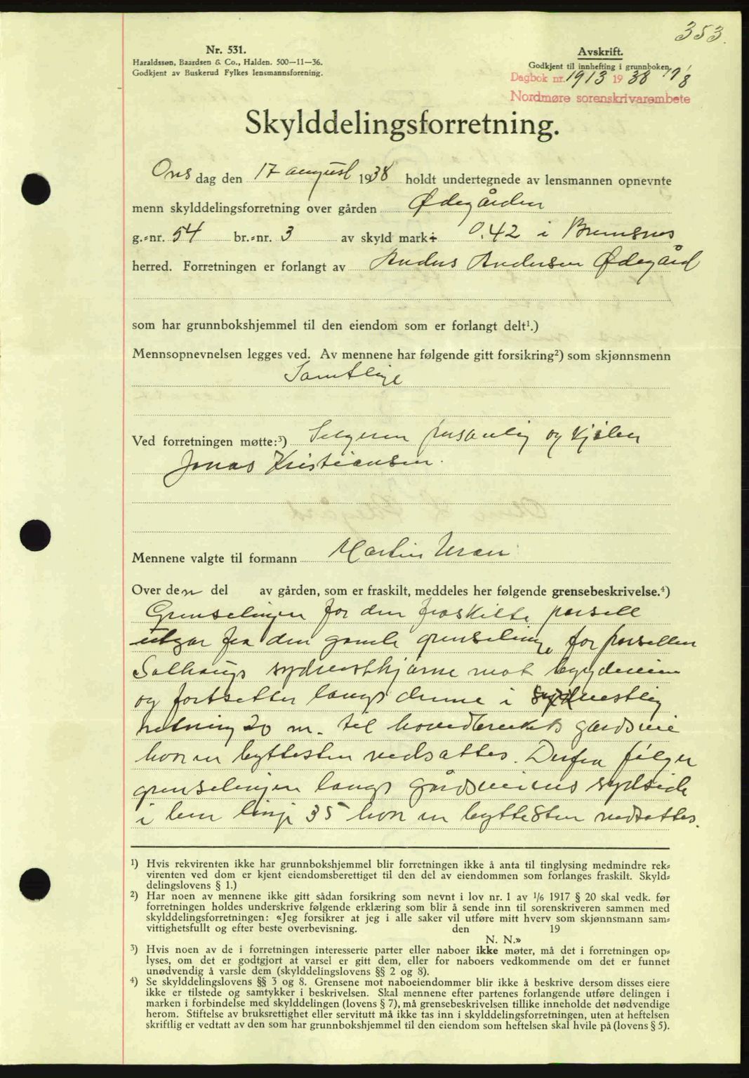 Nordmøre sorenskriveri, SAT/A-4132/1/2/2Ca: Mortgage book no. A84, 1938-1938, Diary no: : 1913/1938