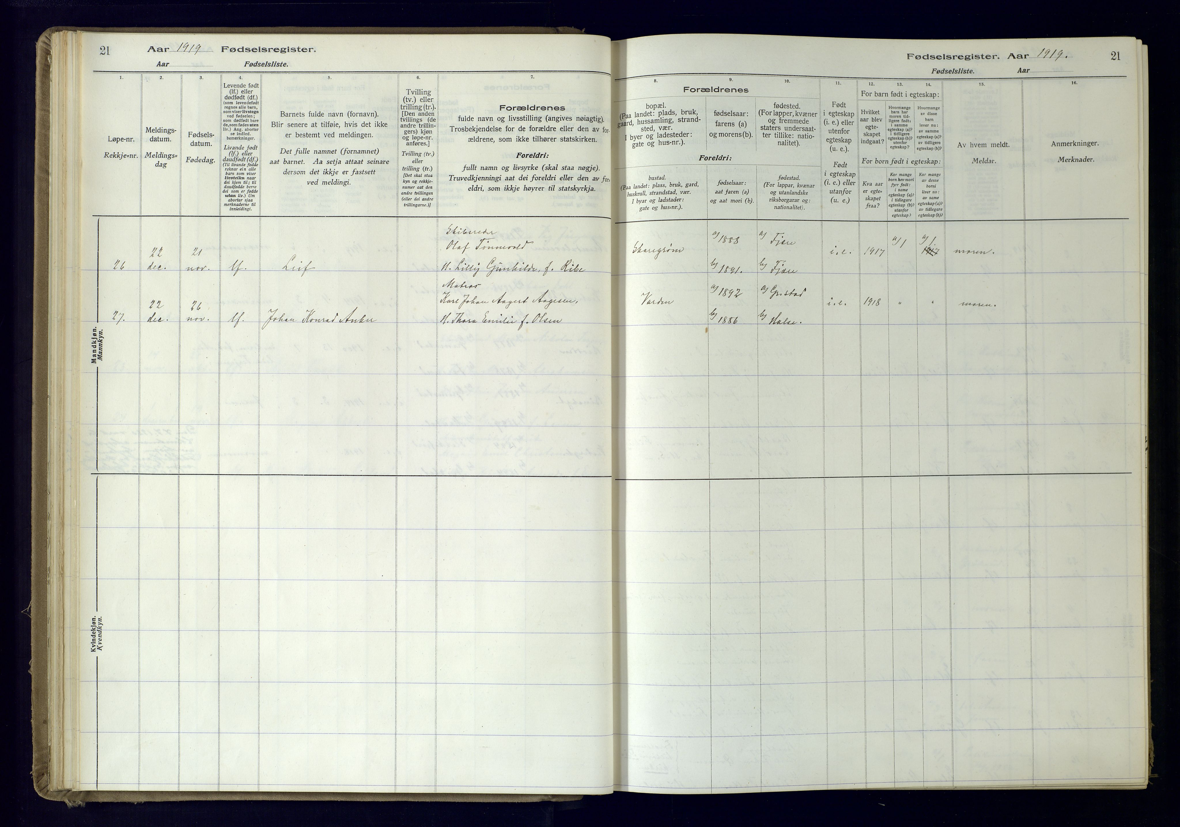 Grimstad sokneprestkontor, AV/SAK-1111-0017/J/Ja/L0001: Birth register no. 1, 1916-1960, p. 21