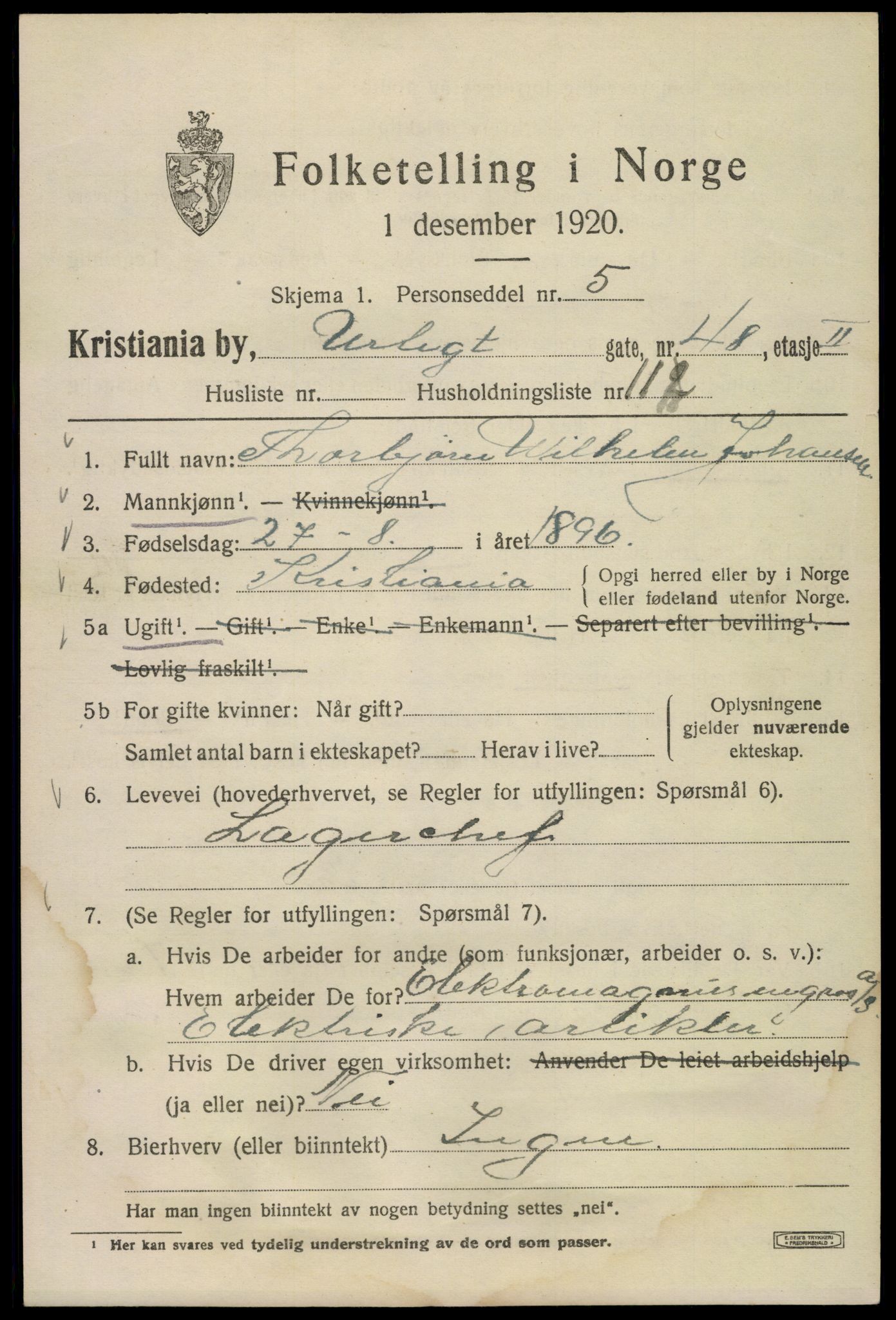 SAO, 1920 census for Kristiania, 1920, p. 623953