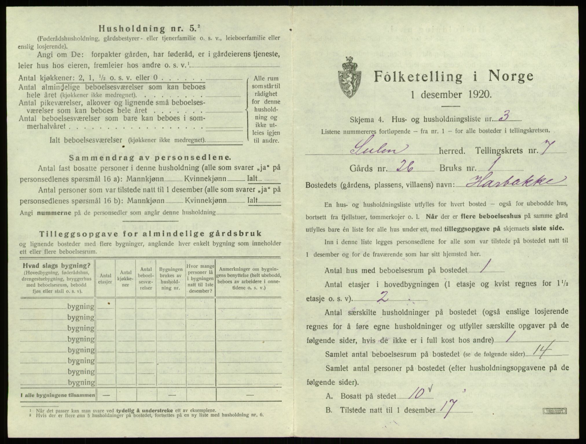 SAB, 1920 census for Solund, 1920, p. 399
