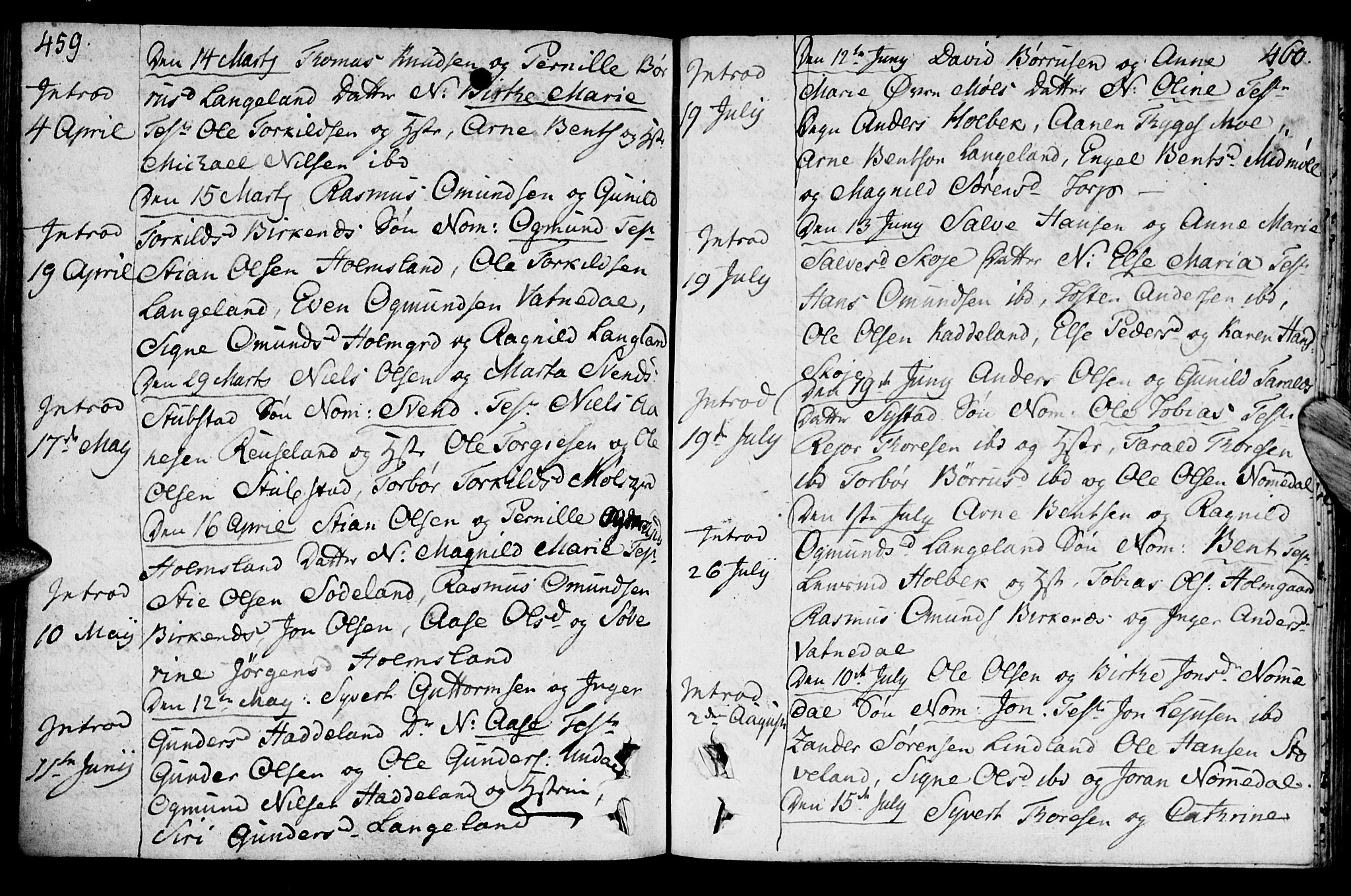 Holum sokneprestkontor, AV/SAK-1111-0022/F/Fa/Faa/L0003: Parish register (official) no. A 3, 1780-1821, p. 459-460